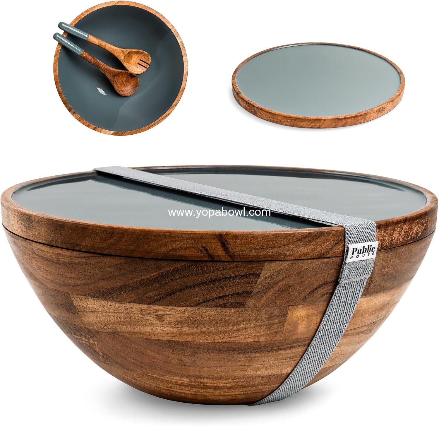 Wholesale Large 12.5 Inch Wooden Salad Bowl Set with Serving Utensils, Tray Lid, and Carry Strap - Acacia Wood Ideal for Fruits and Dishes, Food Serving - Bowl Factory