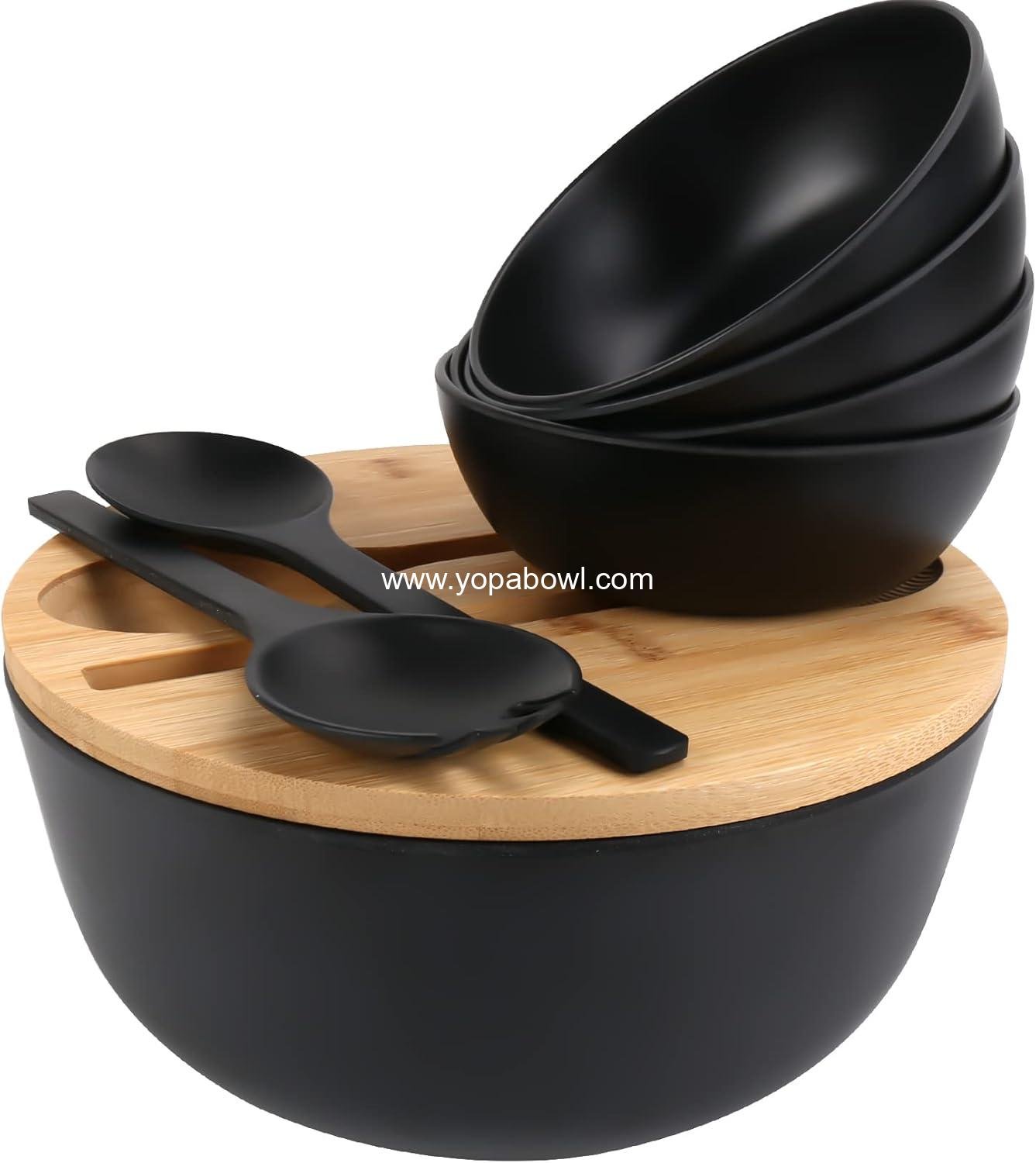 Wholesale Large Salad Bowl Set with Lid and Servers, Bamboo Salad Bowl with 4 Small Serving Bowls, 9.8-Inch Solid Kitchen Bowl for Fruits, Vegetables, and Pasta (Black) Factory