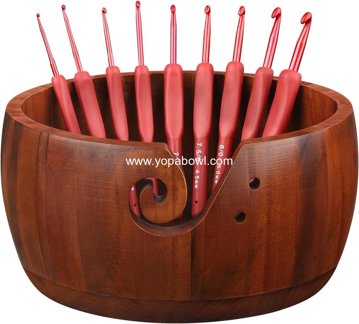 Wholesale Large Yarn Bowl Holder 8.7'' with 9 Crochet Hooks, Wooden Yarn Dispenser and Storage for Crocheters and Knitters Factory