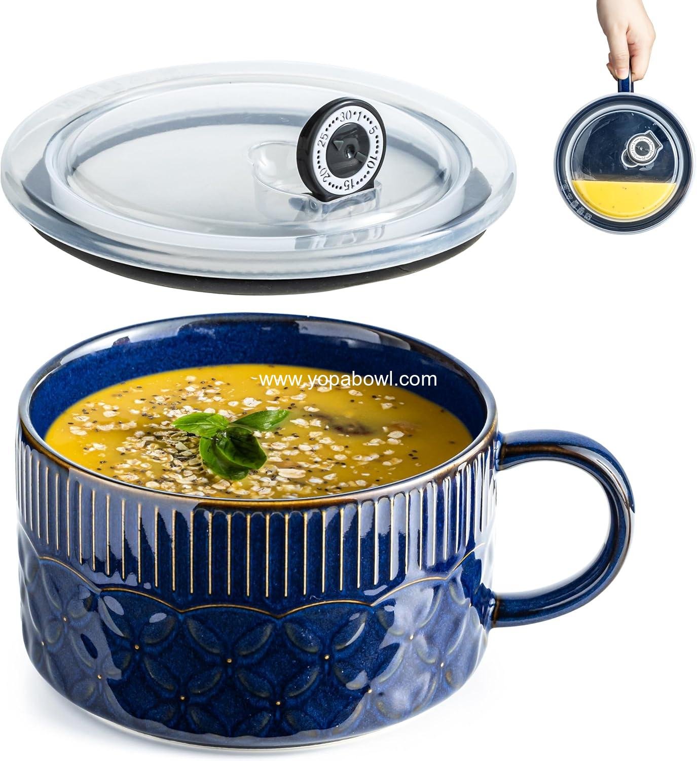 Wholesale Microwave Ramen Bowl with Lid 39oz, Ceramic Soup Container with Handle for Cereal and Office Lunch, Cobalt Blue Factory