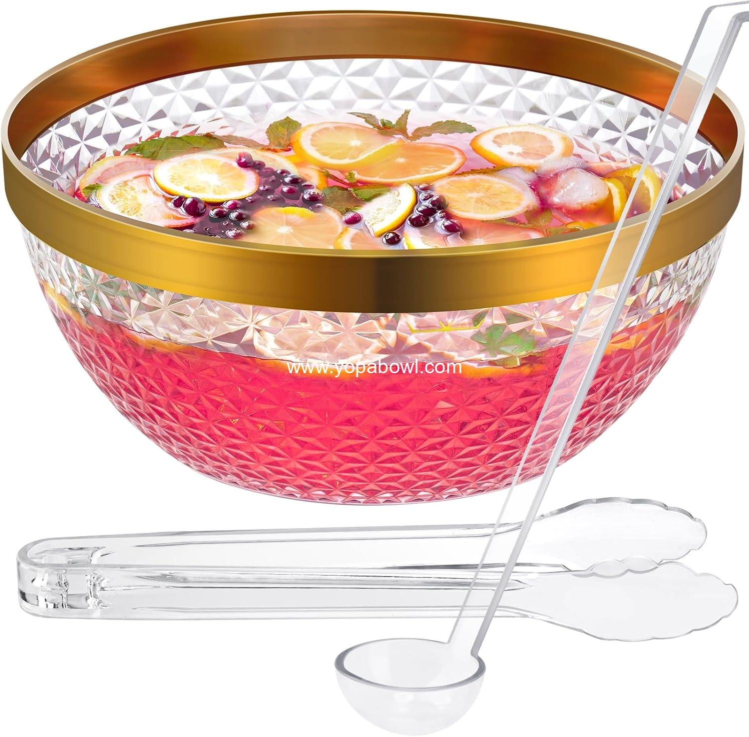 Wholesale Plastic Punch Bowl Set with Ladle and Tong, 1.4 Gallon Gold Trim Clear Beverage Serving Bowl for Cocktails, Salads, and Snacks, Easy to Clean Manufacturer