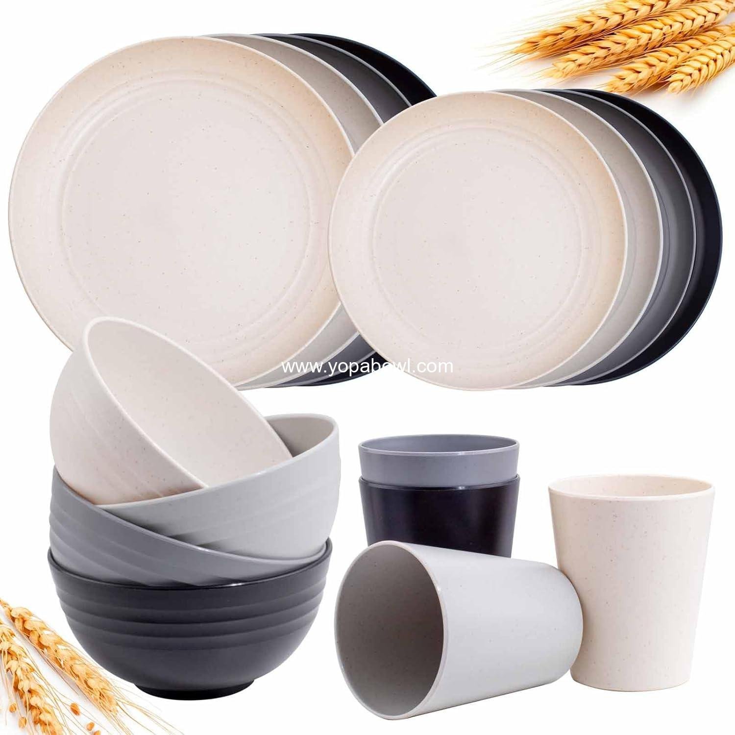 Wholesale Unbreakable Wheat Straw Dinnerware Set, 16PCS Plastic Dinnerware for 4, Microwave Safe Plates and Bowls for Kitchen & Camping - Factory