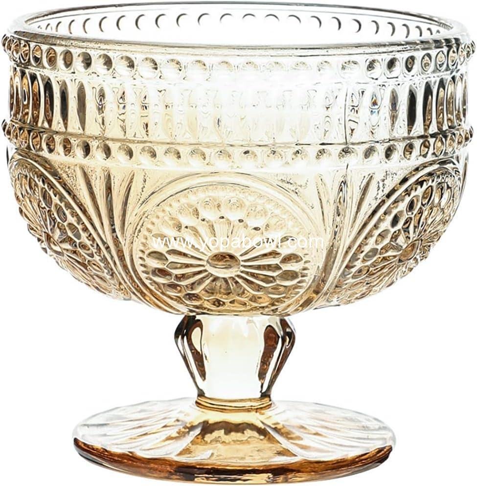 Wholesale Vintage Sunflower Embossed Glass Footed Dessert Bowl for Ice Cream, Trifle, Salad, Candy, Cake - 9 oz Amber - Factory Wholesale Vintage Sunflower Embossed Glass Footed Dessert Bowl for Ice Cream, Trifle, Salad, Candy, Cake - 9 oz Amber - Factory