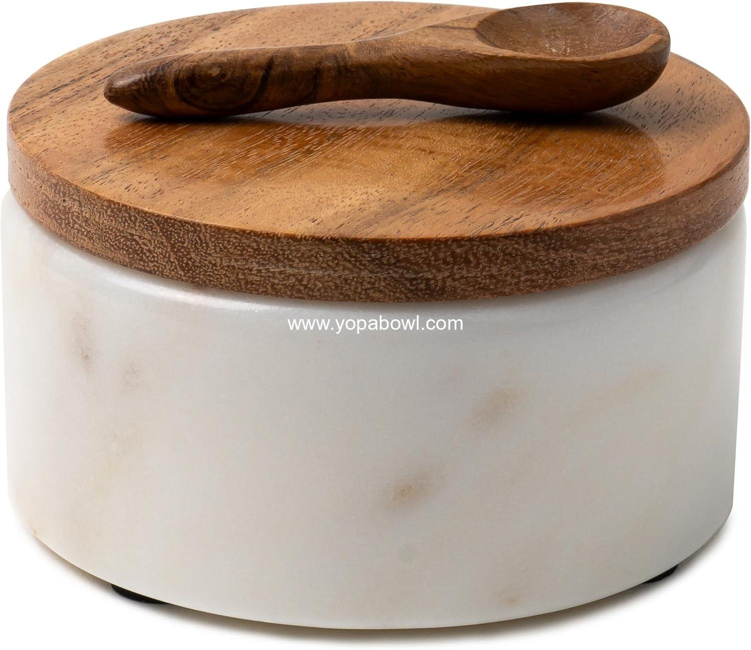 Wholesale White Marble Salt Cellar with Acacia Wood Lid and Spoon - Elegant 4” Modern Handcrafted Container for Countertop - Keeps Spices Dry - Wide Salt Pig with Non-Skid Feet Factory