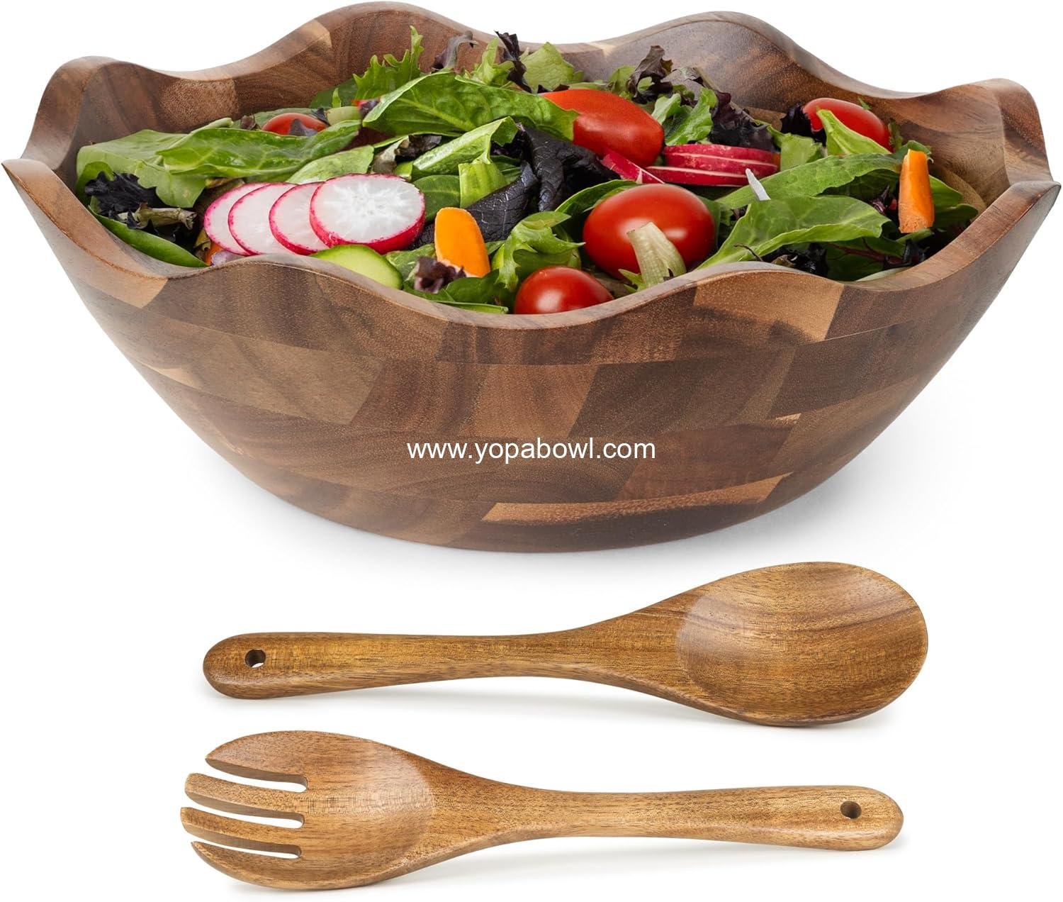 Wholesale Wood Salad Bowl Set with Serving Utensils - Large 12