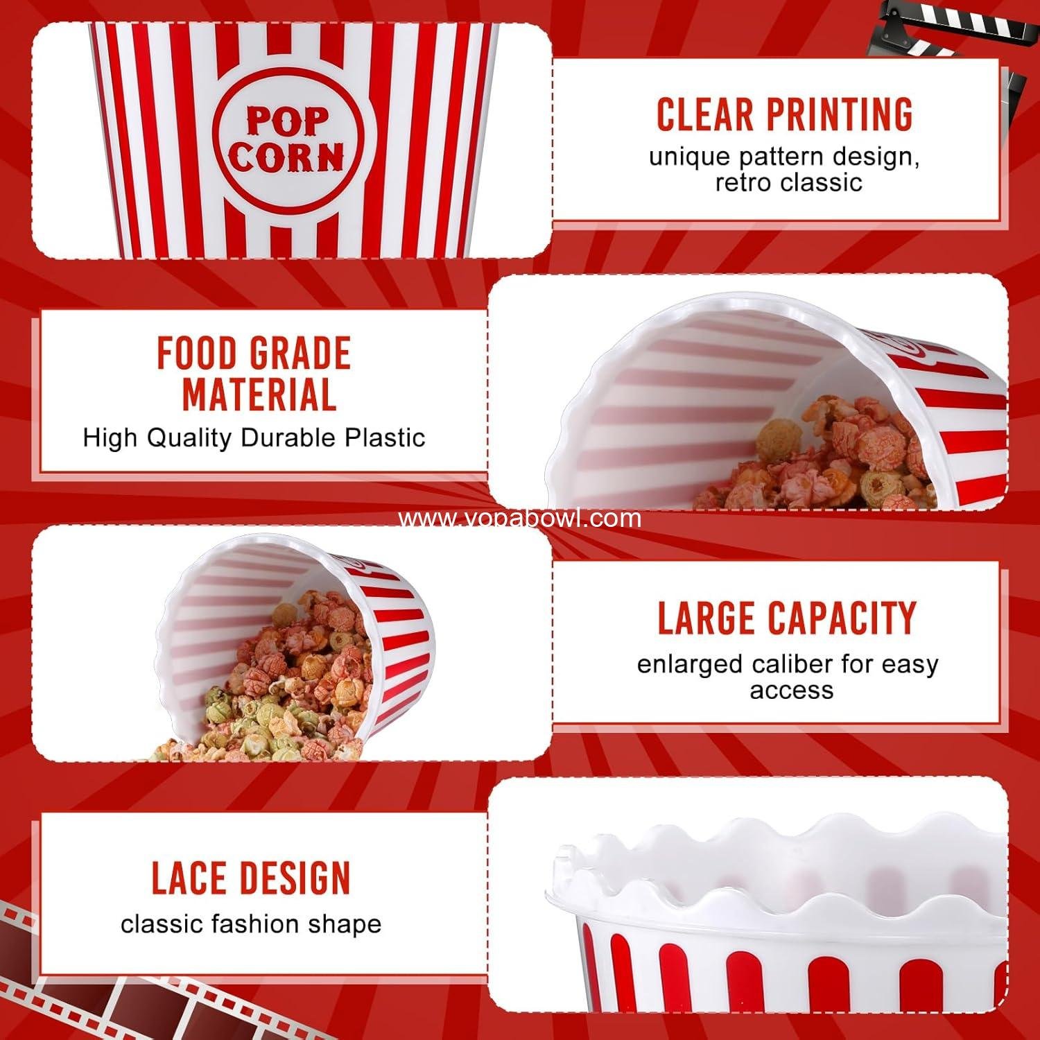 Wholesale 6-Piece Reusable Plastic Popcorn Buckets 75 oz Containers with Red Scoop Retro Stripe Design for Movie Nights Factory