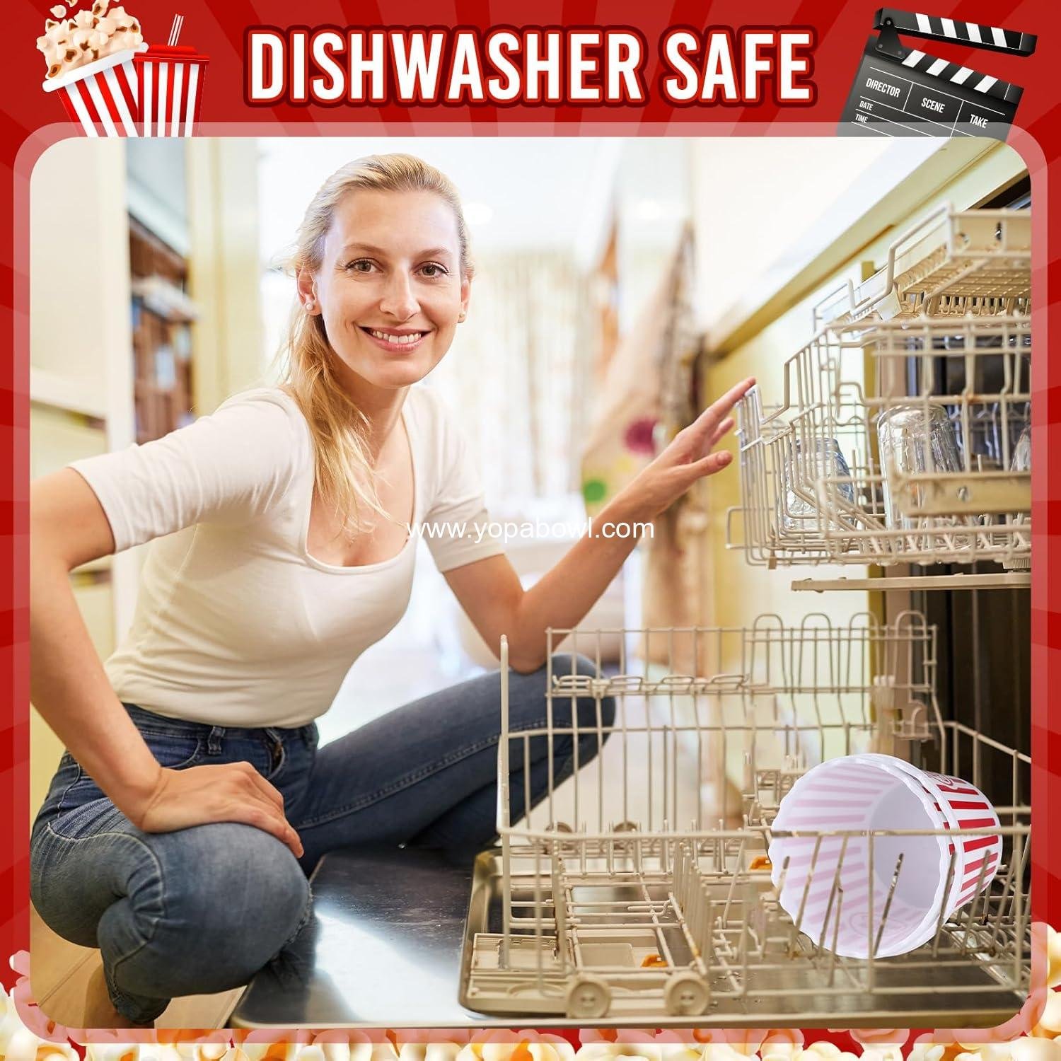 Wholesale 6-Piece Reusable Plastic Popcorn Buckets 75 oz Containers with Red Scoop Retro Stripe Design for Movie Nights Factory