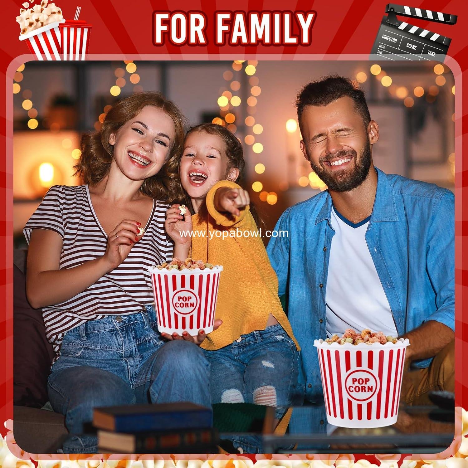 Wholesale 6-Piece Reusable Plastic Popcorn Buckets 75 oz Containers with Red Scoop Retro Stripe Design for Movie Nights Factory
