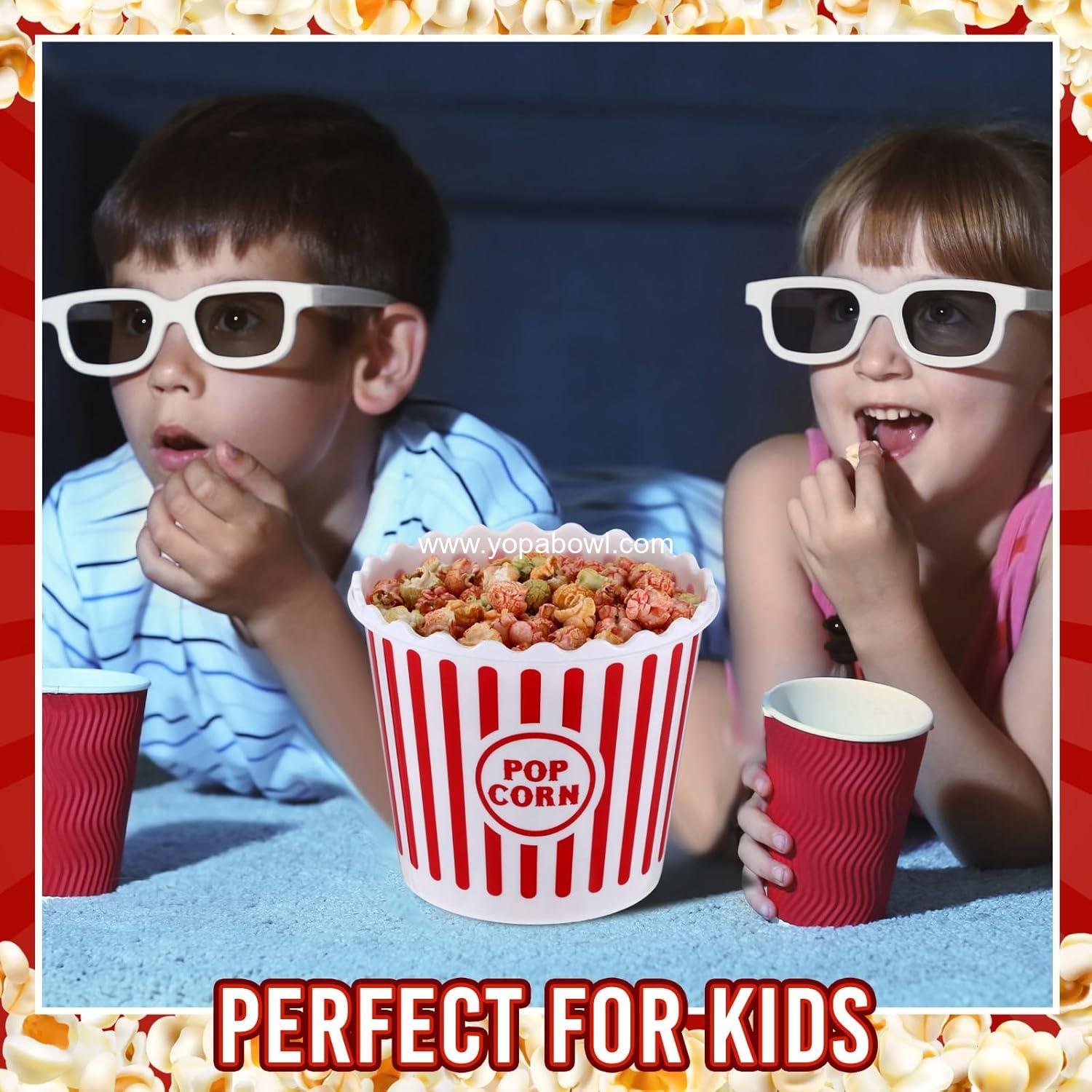 Wholesale 6-Piece Reusable Plastic Popcorn Buckets 75 oz Containers with Red Scoop Retro Stripe Design for Movie Nights Factory