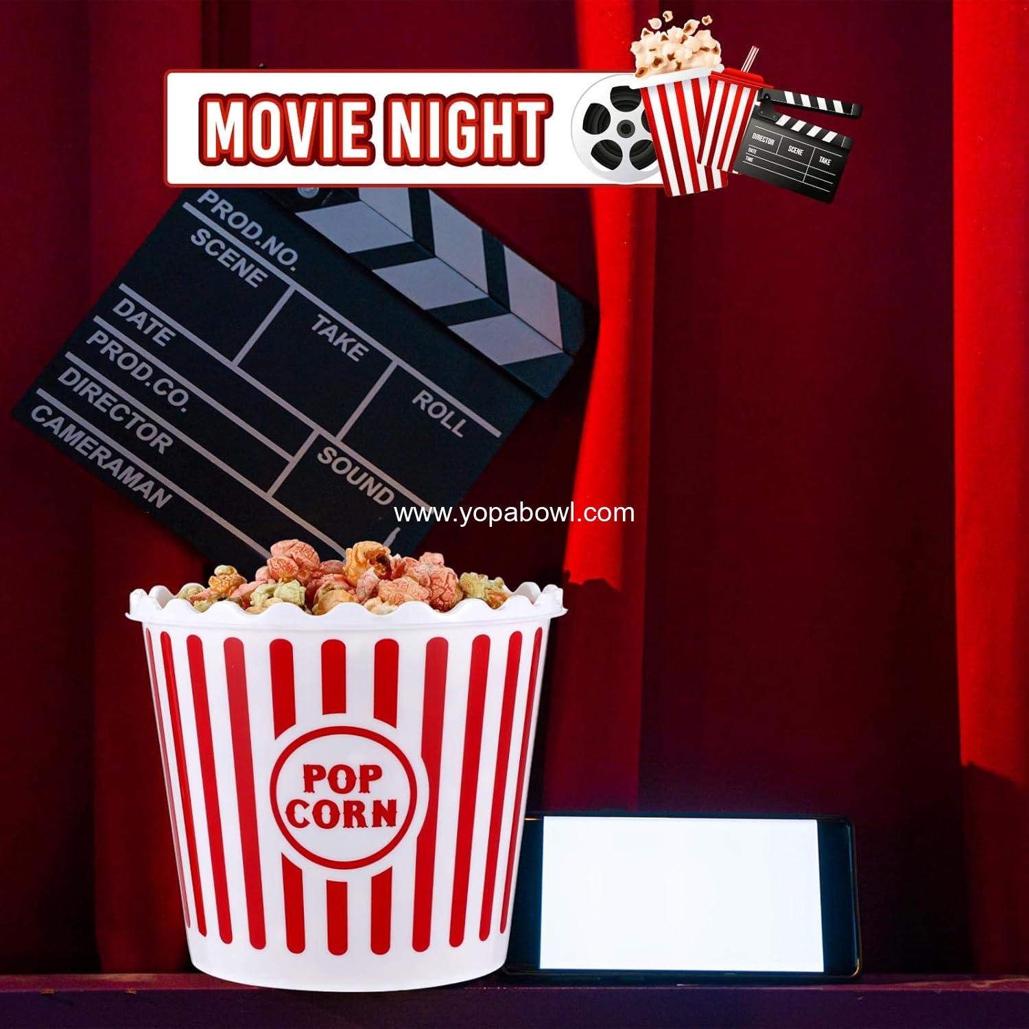 Wholesale 6-Piece Reusable Plastic Popcorn Buckets 75 oz Containers with Red Scoop Retro Stripe Design for Movie Nights Factory