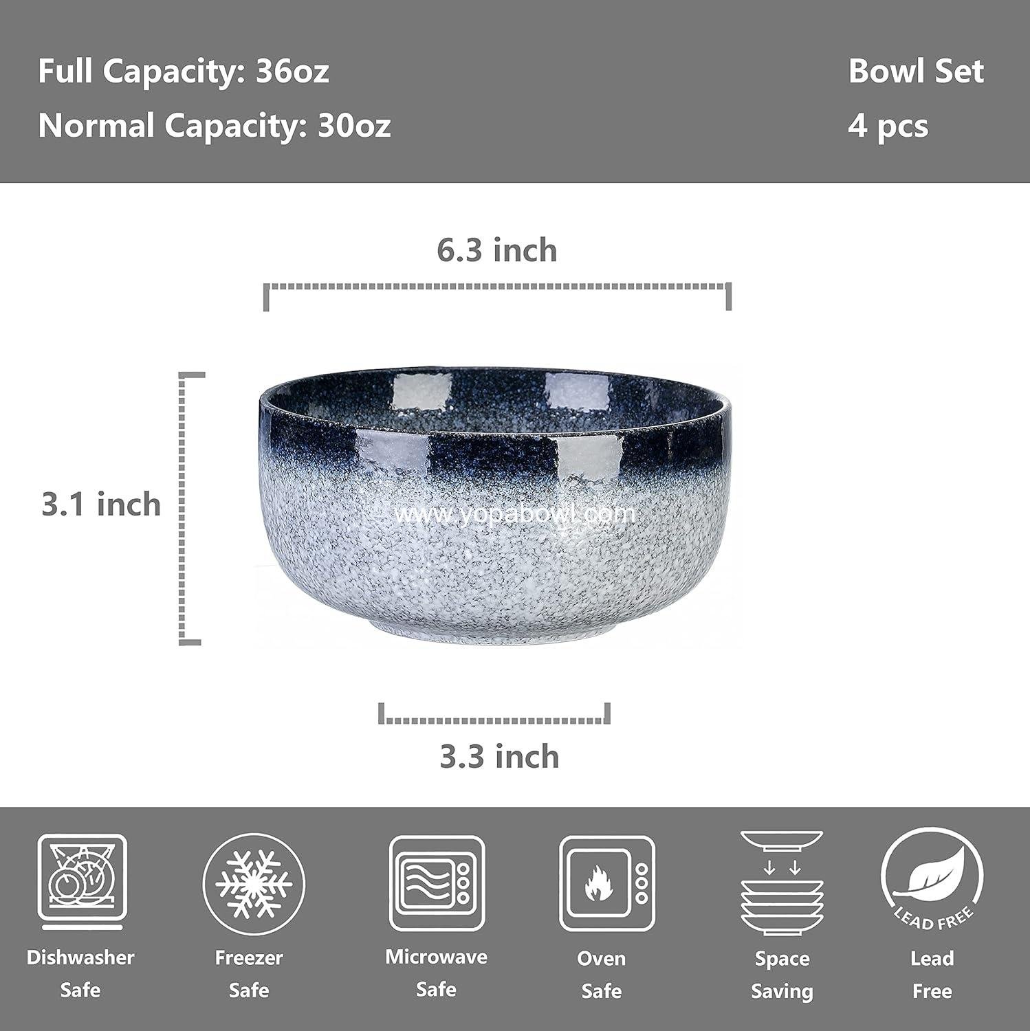 OEM 36 Ounce Ceramic Cereal Bowls Set of 4 for Noodles Oatmeal Breakfast Kitchen Microwave Dishwasher Safe Dark Blue Factory