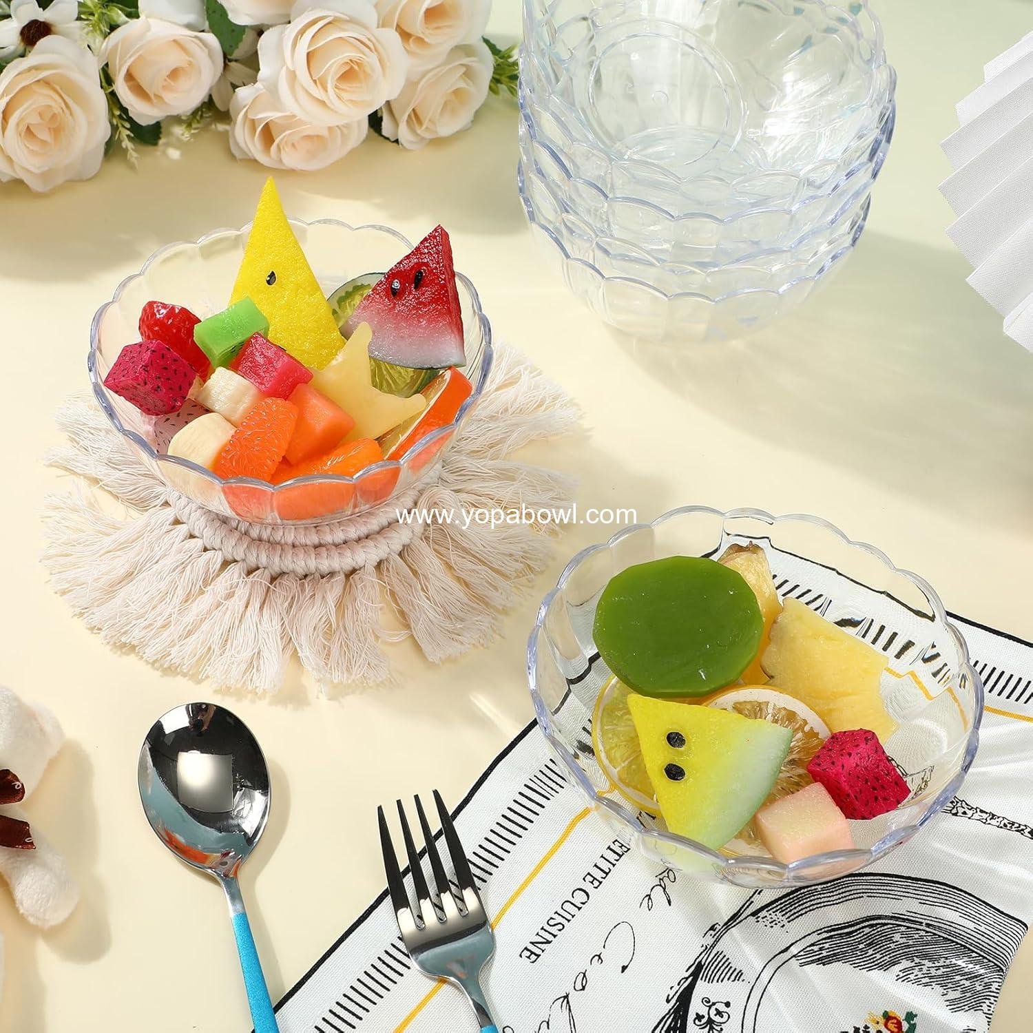 Wholesale 36 Pack Clear Plastic Bowls 10 oz Acrylic Serving Salad Mixing Chip Containers Punch Bowl for Candy Food Snacks Fruit Party Entertaining Flower Shape Factory