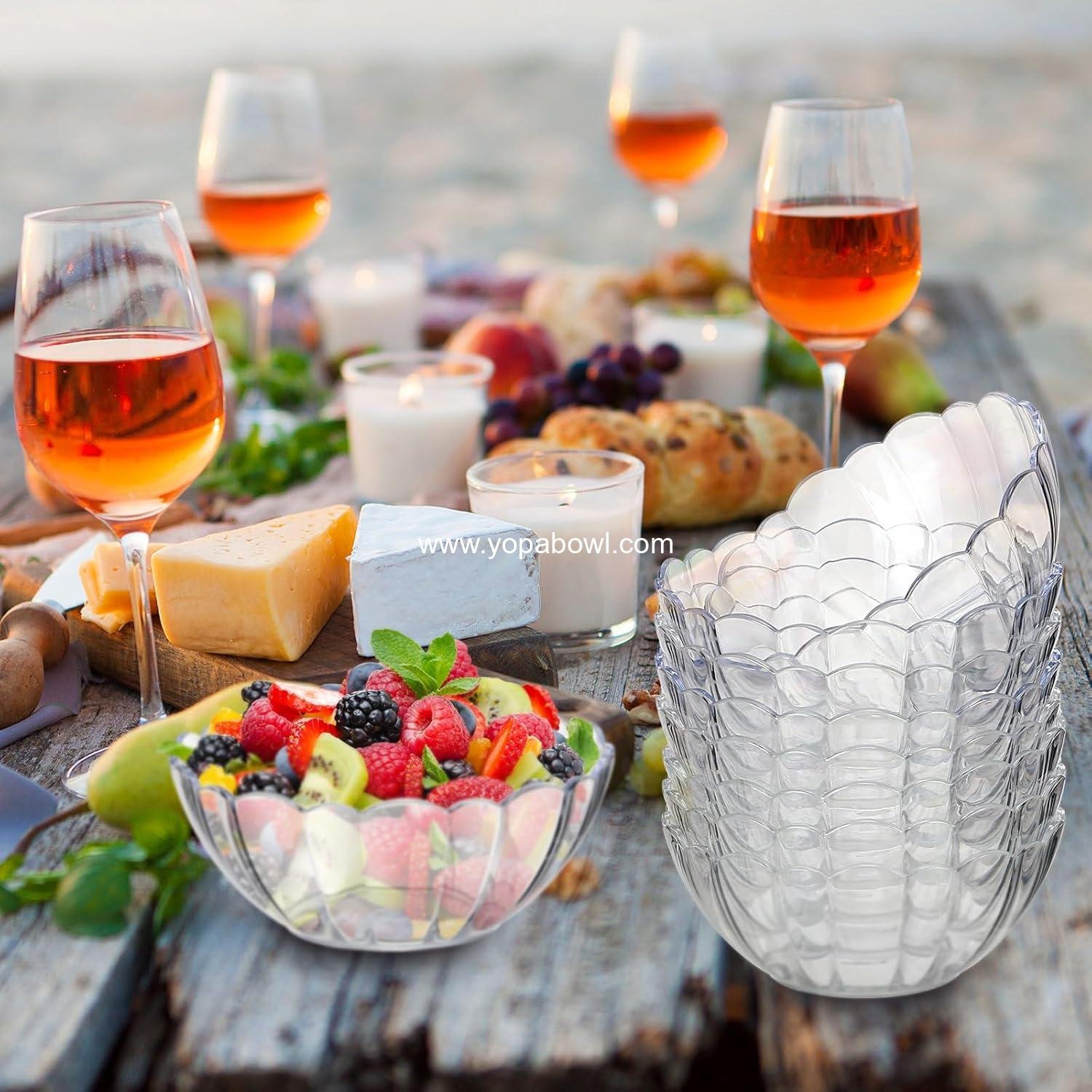 Wholesale 36 Pack Clear Plastic Bowls 10 oz Acrylic Serving Salad Mixing Chip Containers Punch Bowl for Candy Food Snacks Fruit Party Entertaining Flower Shape Factory