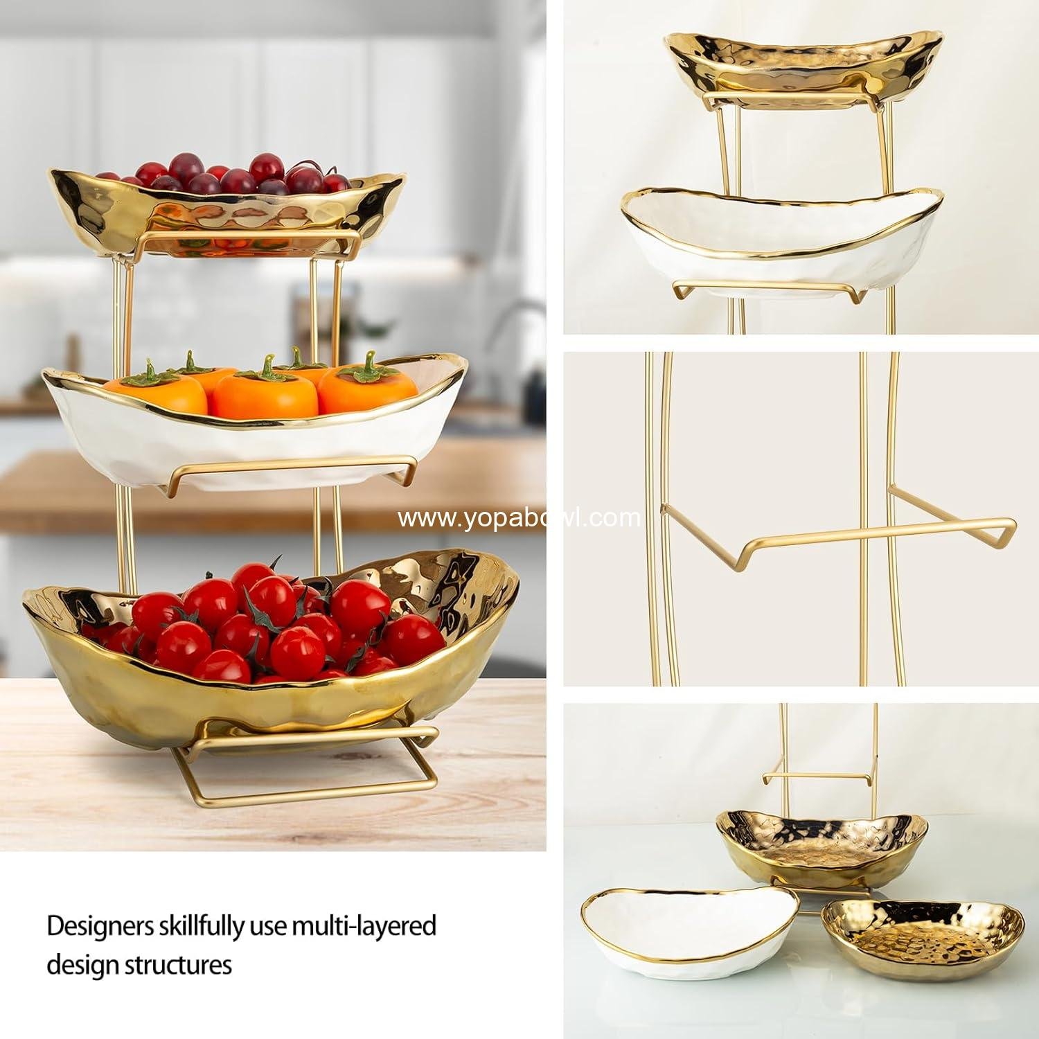 Wholesale 3-Tier Gold Ceramic Fruit Bowl Tray Metal Stand White Triple Layer Snacks Nuts Bread Candy Storage Factory