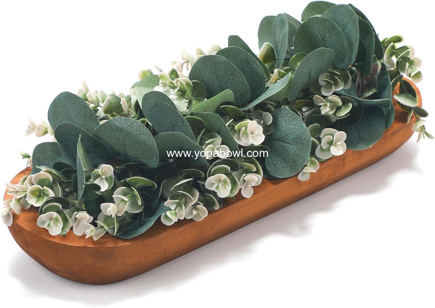 Artificial Eucalyptus Dough Bowl Centerpiece with Faux Eucalyptus and Ruscus Arrangement Wooden Dough Bowl for Farmhouse Home Table Centerpiece Dining Living Room Kitchen Decorations