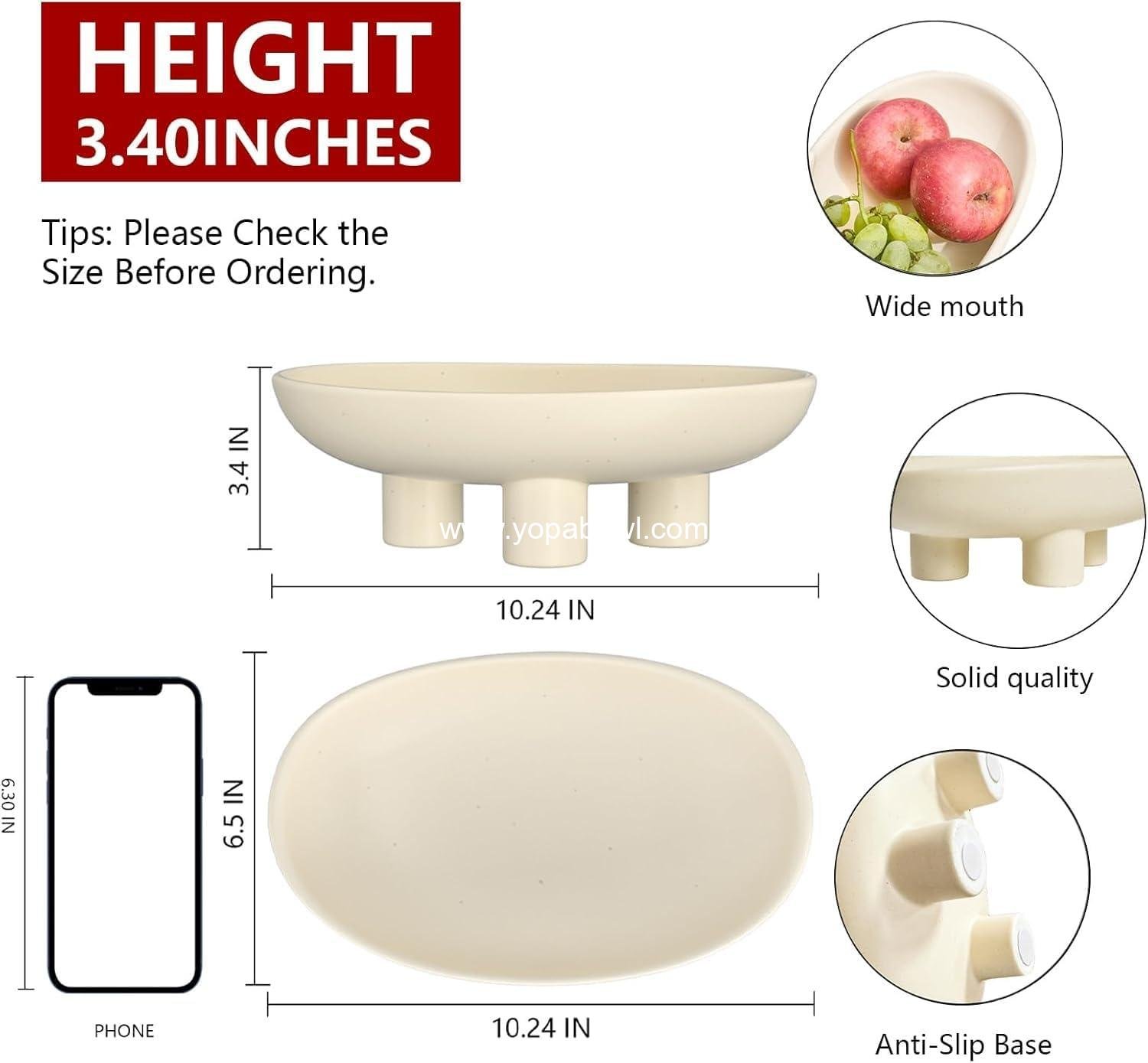 OEM 10.24-Inch Three-Legged Ceramic Fruit Bowl Modern Oval Pedestal Serving Dish for Kitchen Counter Keys Candy Breads Entryway Table Decor Matte Crème Factory