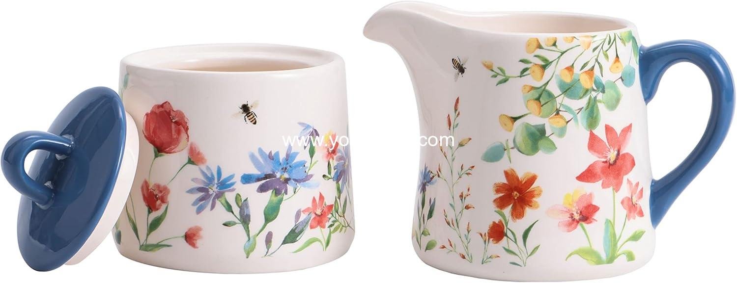 OEM Ceramic Sugar Creamer Set with Lid Cute Coffee Bar Container Kitchen Countertop Accessory Microwave Dishwasher Safe Factory