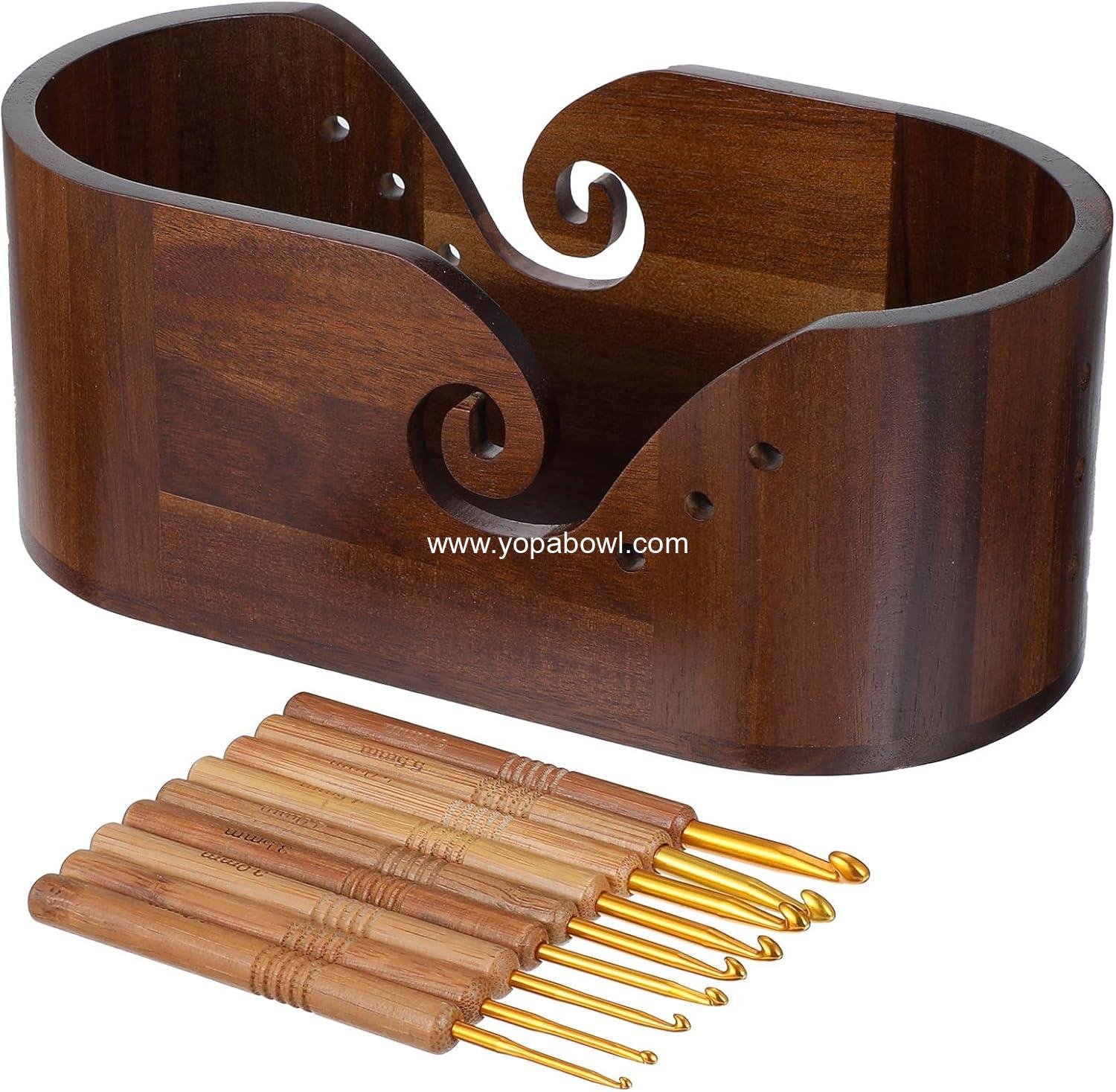 Large Oval Storage Yarn Bowls, Wooden Crochet Yarn Bowl for Crocheting with 9 Large Crochet Hooks-Yarn Holder for Knitting Enthusiasts(11.2x5.7x4.5inch)