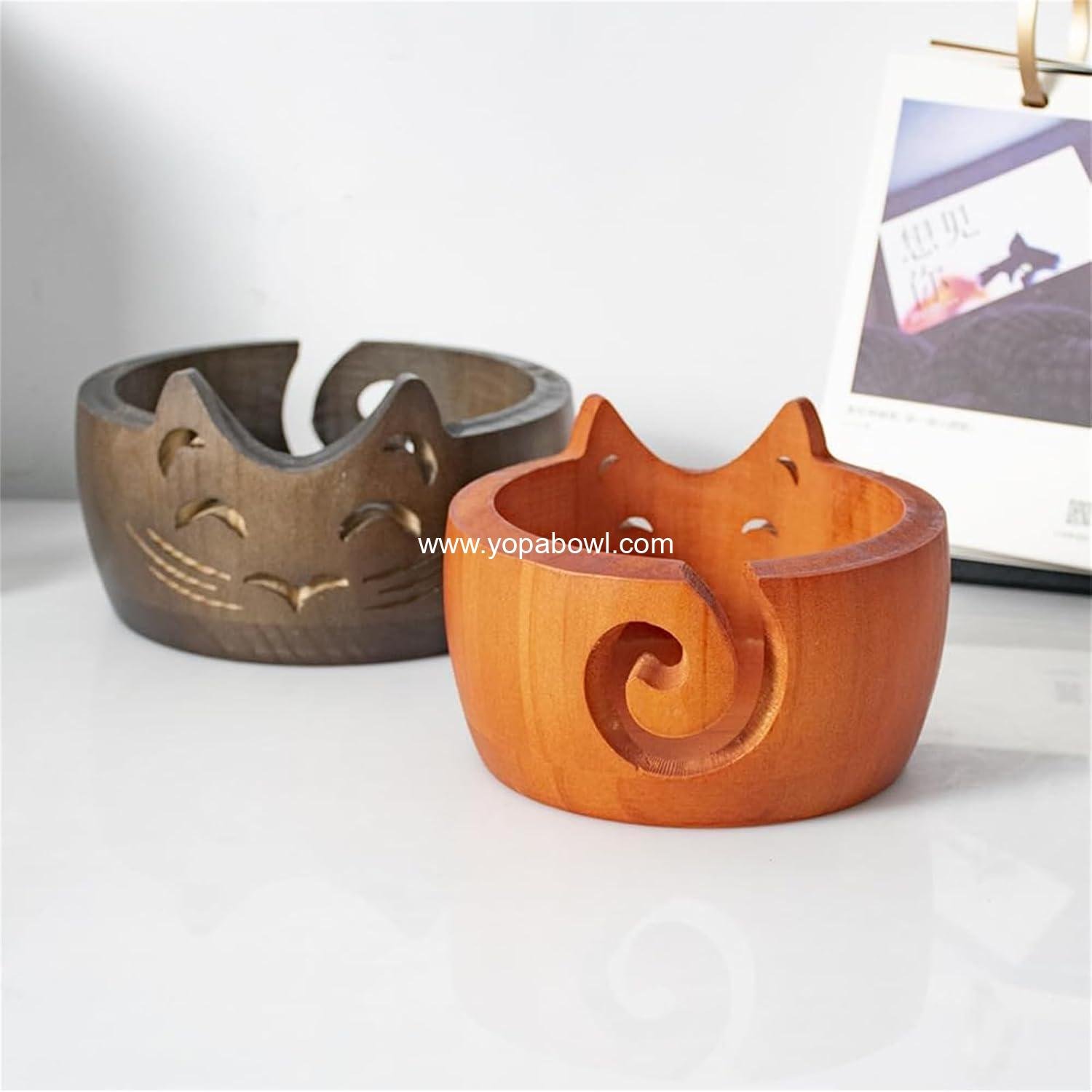 OEM Cute Cat Wooden Yarn Bowl with Carved Holes for Knitting Crocheting Storage Brown Factory OEM Cute Cat Wooden Yarn Bowl with Carved Holes for Knitting Crocheting Storage Brown Factory