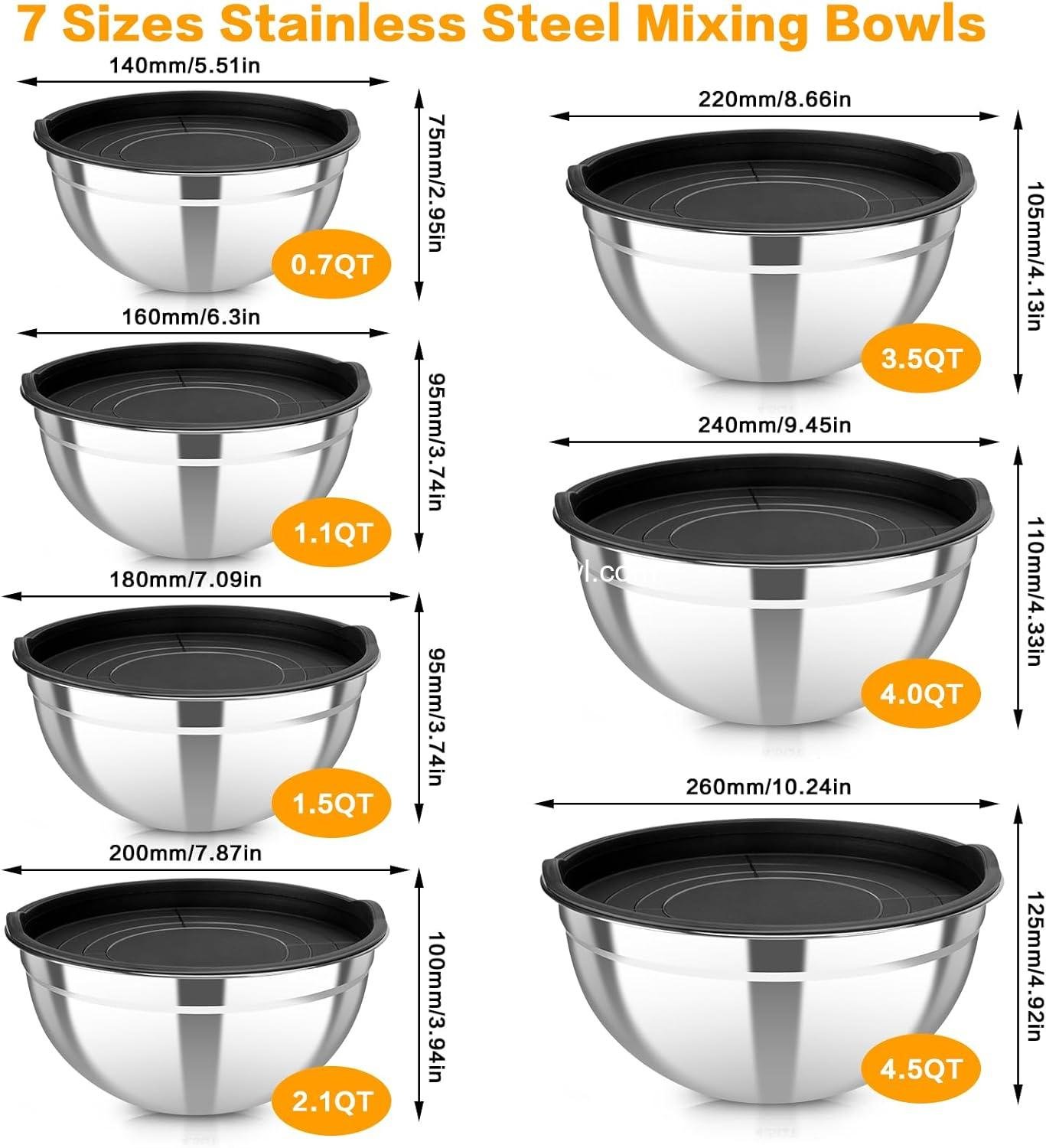 OEM 7-Piece Stainless Steel Nesting Mixing Bowls Set with Lids Sizes 0.7 1.1 1.5 2.1 3.5 4 4.5QT for Kitchen Cooking Baking Prepping Serving supplier OEM 7-Piece Stainless Steel Nesting Mixing Bowls Set with Lids Sizes 0.7 1.1 1.5 2.1 3.5 4 4.5QT for Kitchen Cooking Baking Prepping Serving supplier