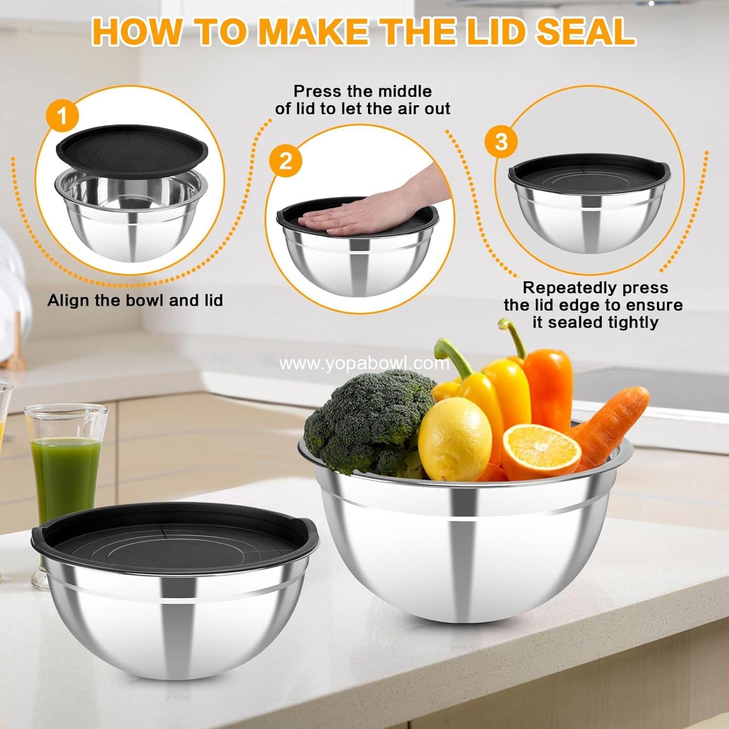 OEM 7-Piece Stainless Steel Nesting Mixing Bowls Set with Lids Sizes 0.7 1.1 1.5 2.1 3.5 4 4.5QT for Kitchen Cooking Baking Prepping Serving supplier OEM 7-Piece Stainless Steel Nesting Mixing Bowls Set with Lids Sizes 0.7 1.1 1.5 2.1 3.5 4 4.5QT for Kitchen Cooking Baking Prepping Serving supplier