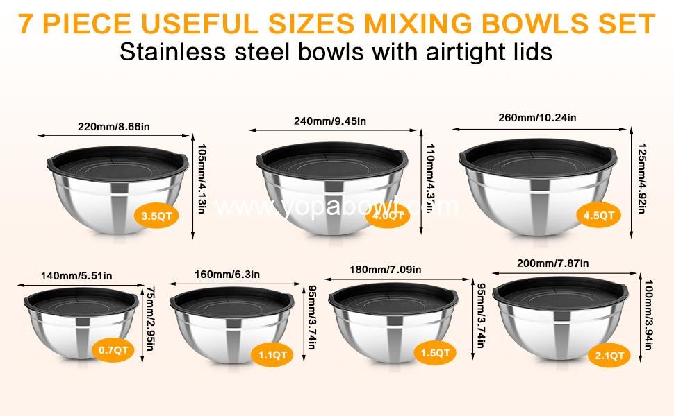 OEM 7-Piece Stainless Steel Nesting Mixing Bowls Set with Lids Sizes 0.7 1.1 1.5 2.1 3.5 4 4.5QT for Kitchen Cooking Baking Prepping Serving supplier OEM 7-Piece Stainless Steel Nesting Mixing Bowls Set with Lids Sizes 0.7 1.1 1.5 2.1 3.5 4 4.5QT for Kitchen Cooking Baking Prepping Serving supplier