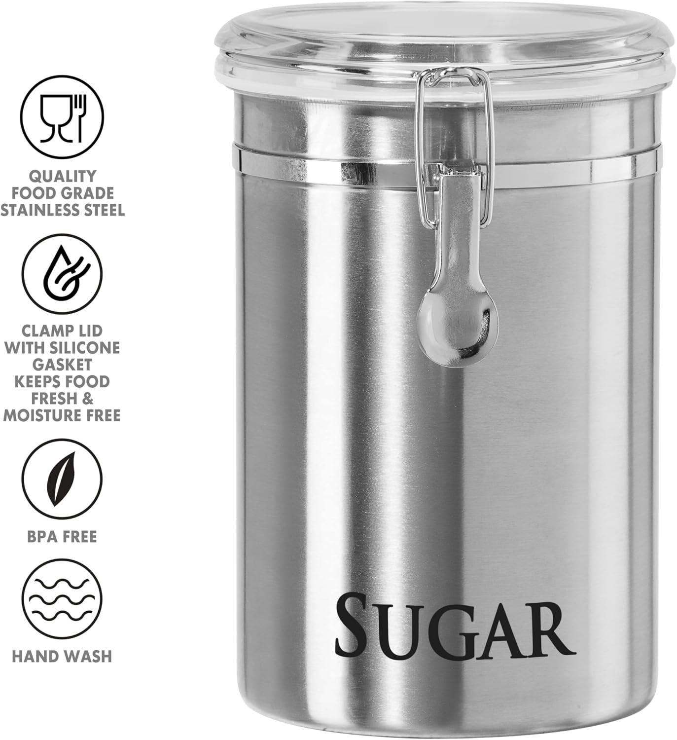 OEM Stainless Steel Sugar Canister 62 fl oz Airtight Clamp Lid Clear See-Thru Top Ideal Countertop Container Bulk Storage Large 5 x 7.5 Inch Jar Manufacturer OEM Stainless Steel Sugar Canister 62 fl oz Airtight Clamp Lid Clear See-Thru Top Ideal Countertop Container Bulk Storage Large 5 x 7.5 Inch Jar Manufacturer