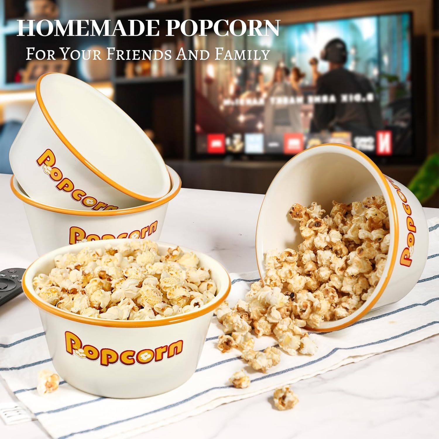 OEM 1.2 Quart Enamelware Popcorn Bowls White Retro Snack Serving Set of 4 for Family Movie Night Factory