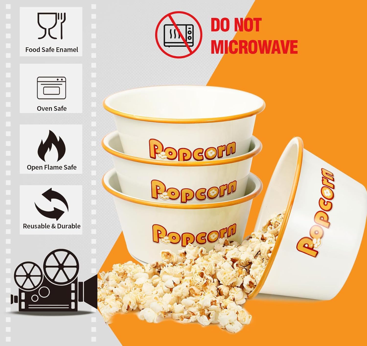 OEM 1.2 Quart Enamelware Popcorn Bowls White Retro Snack Serving Set of 4 for Family Movie Night Factory