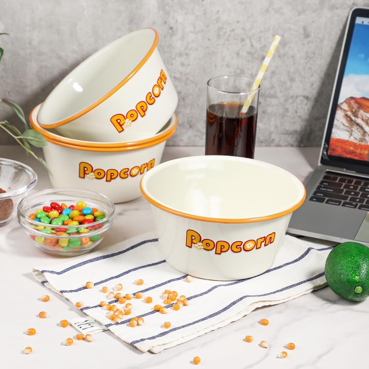 OEM 1.2 Quart Enamelware Popcorn Bowls White Retro Snack Serving Set of 4 for Family Movie Night Factory