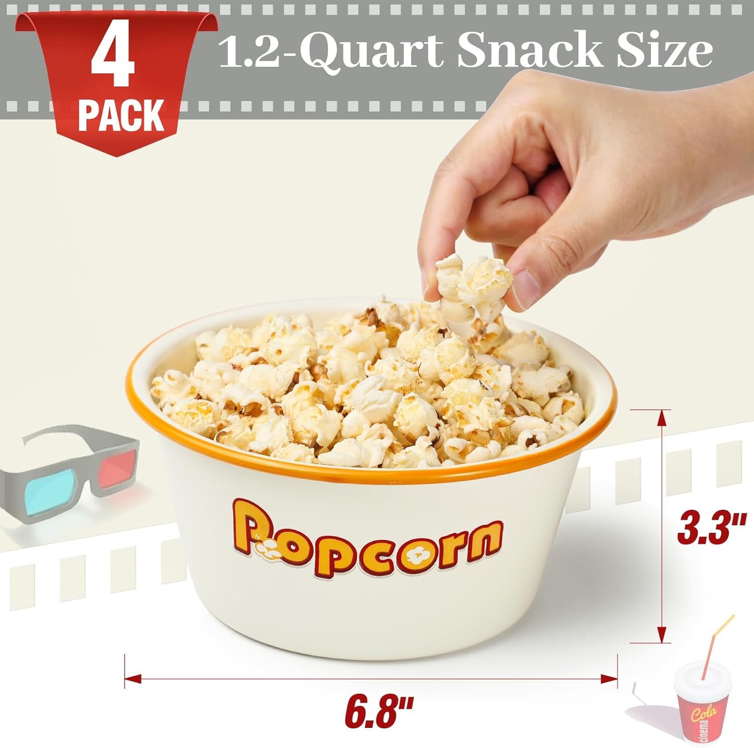 OEM 1.2 Quart Enamelware Popcorn Bowls White Retro Snack Serving Set of 4 for Family Movie Night Factory