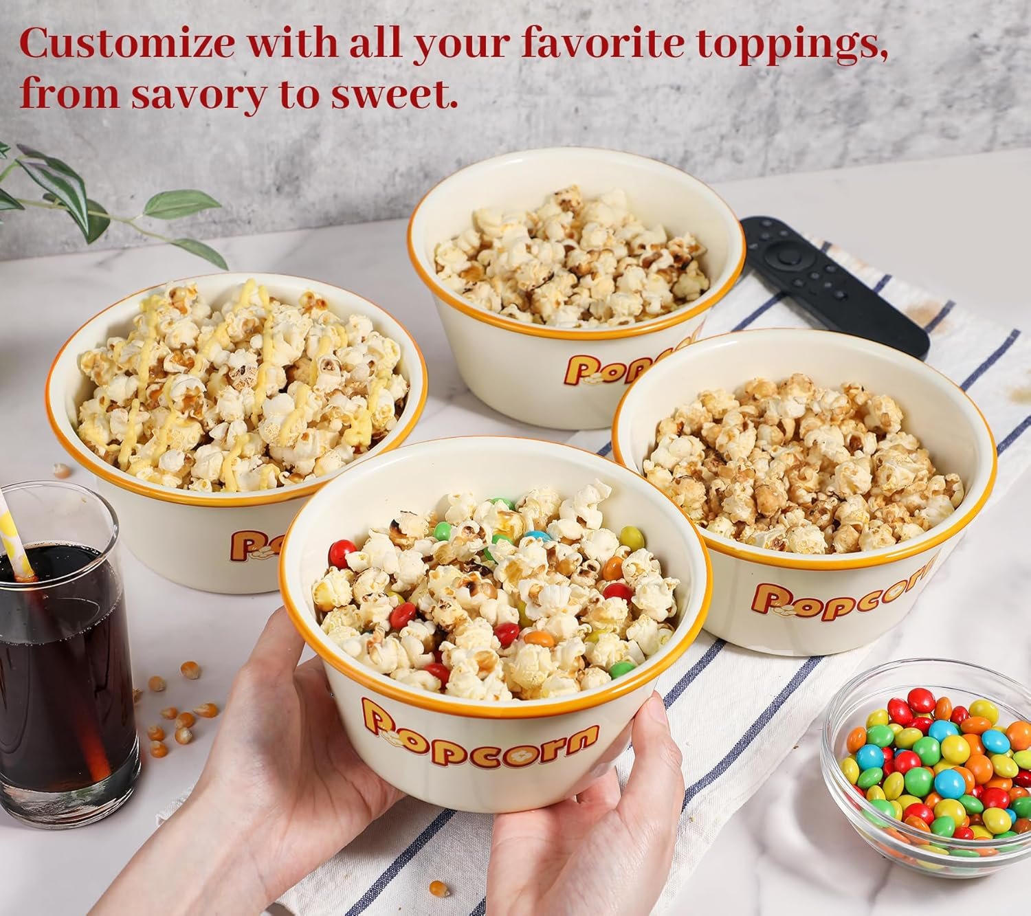 OEM 1.2 Quart Enamelware Popcorn Bowls White Retro Snack Serving Set of 4 for Family Movie Night Factory
