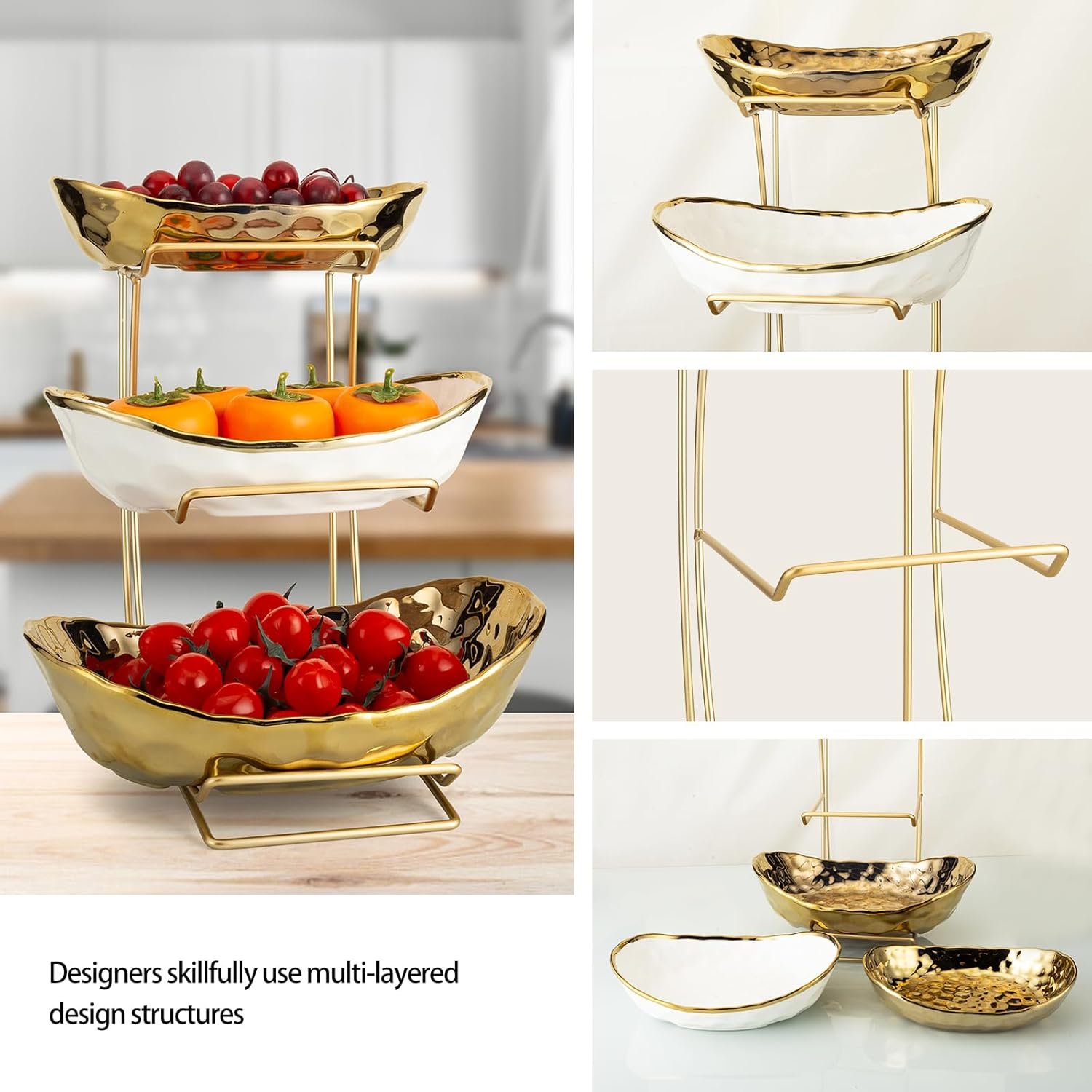 OEM 3-Tier Ceramic Fruit Bowl with Metal Stand for Kitchen Counter – Porcelain Tiered Basket Tray for Vegetables Bread Snacks Nuts Desserts Cake (Gold) supplier