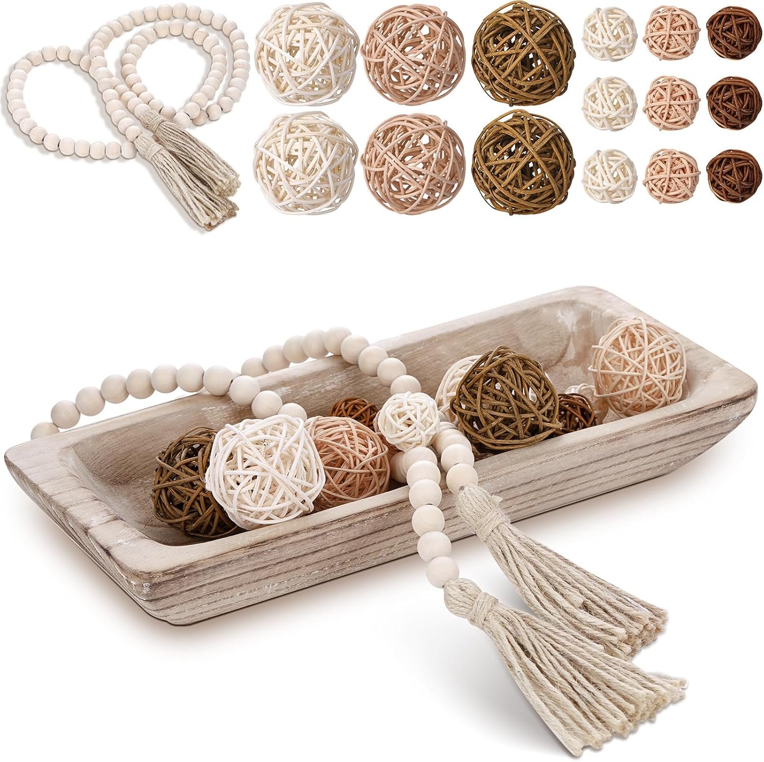 Wholesale 17-Piece Wooden Centerpiece Table Decor Wood Dough Bowl Wicker Rattan Balls Beads Tassel String Natural Rustic Filler Tray for Dining Kitchen (White) Factory