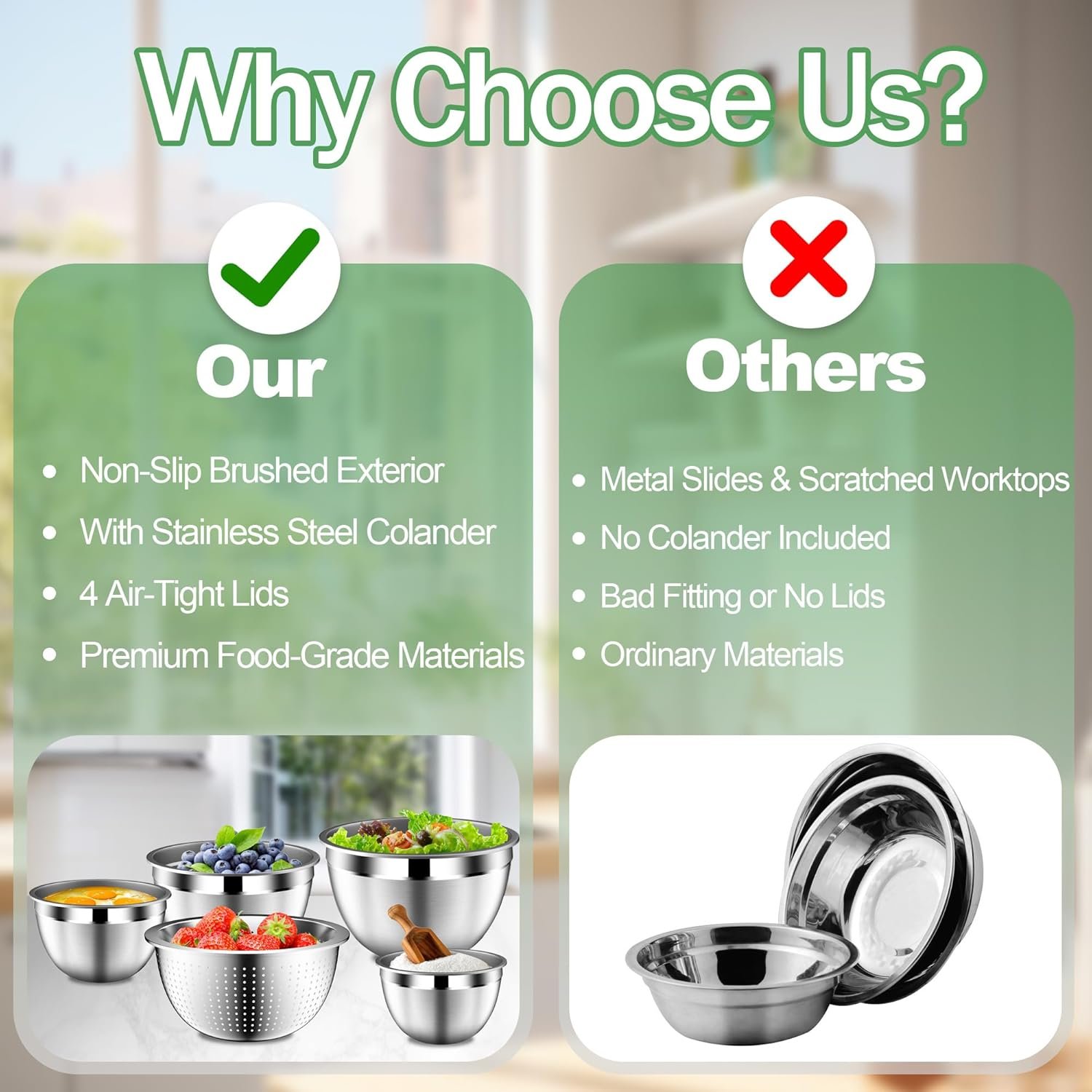 OEM Stainless Steel Mixing Bowls Set with Lids Colander and Strainer 4.5QT 2.5QT 2QT 1.5QT Black Kitchen Gadgets Christmas Gift Factory