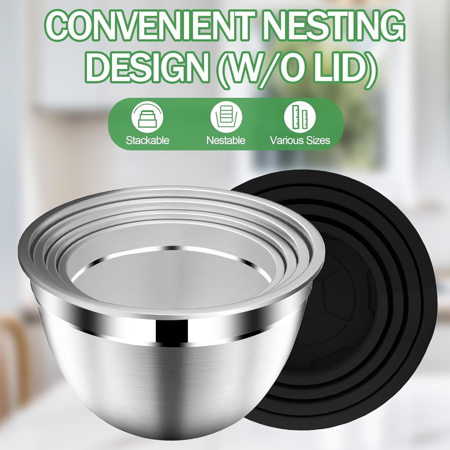 OEM Stainless Steel Mixing Bowls Set with Lids Colander and Strainer 4.5QT 2.5QT 2QT 1.5QT Black Kitchen Gadgets Christmas Gift Factory