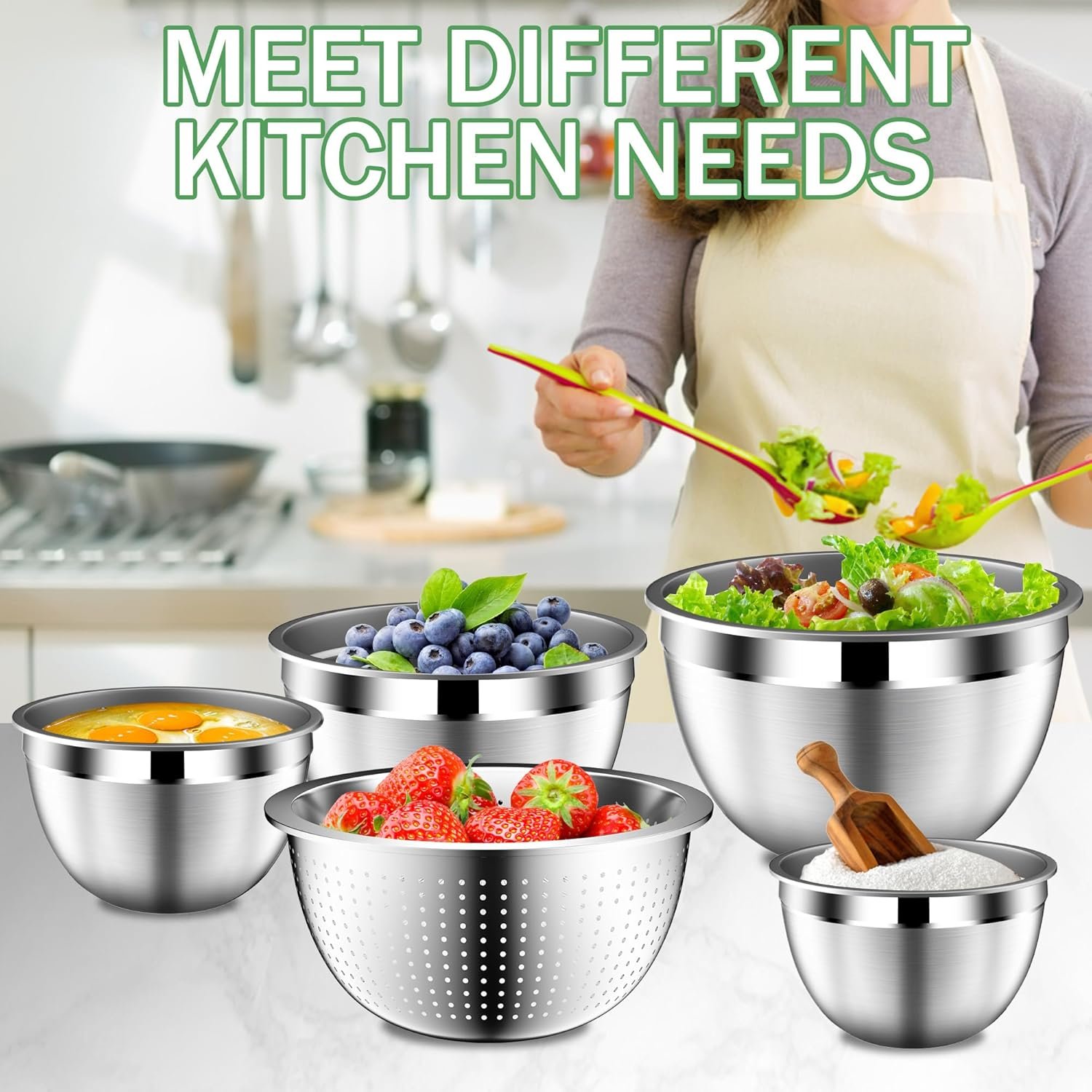 OEM Stainless Steel Mixing Bowls Set with Lids Colander and Strainer 4.5QT 2.5QT 2QT 1.5QT Black Kitchen Gadgets Christmas Gift Factory