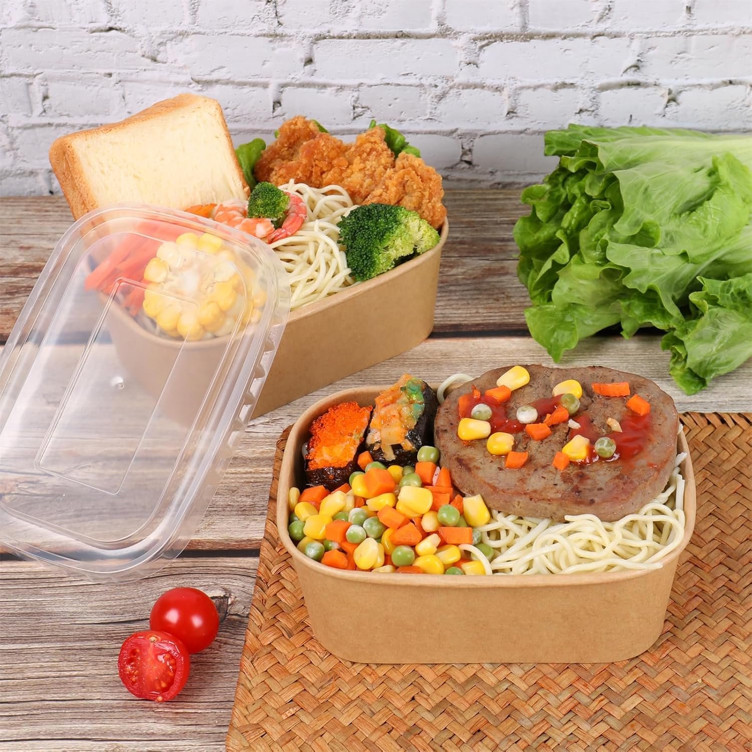 Wholesale 28 oz Rectangle Disposable Kraft Paper Bowls with Lids Food Containers for Soup Party Treats 50 Pack Factory