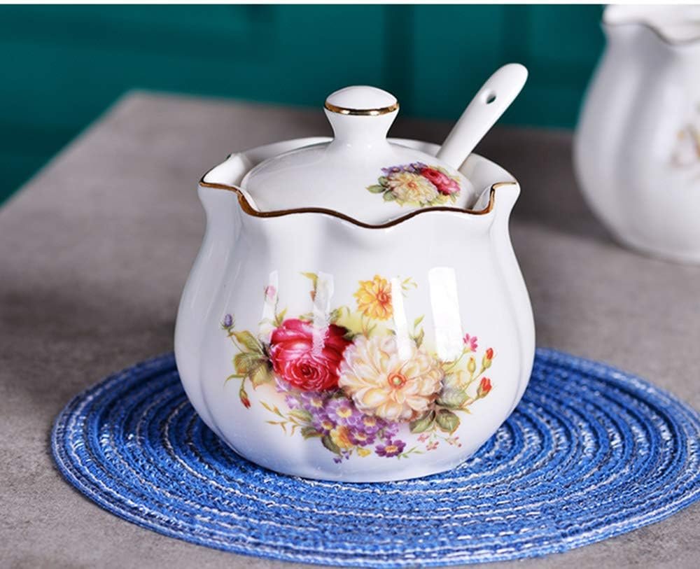 OEM Retro Ceramic Flower Sugar Bowl Spice Jar with Lid Spoon Factory