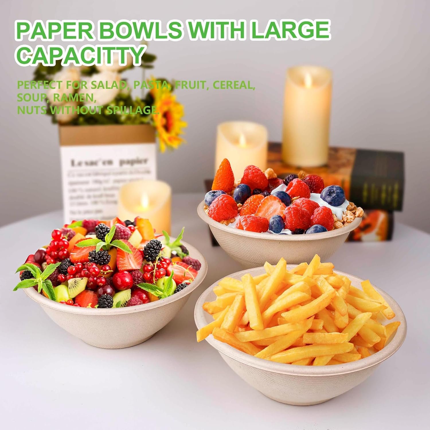 Wholesale Large 40oz Compostable Paper Bowls 120 Pack Heavy Duty Disposable for Hot Soup Salads Cereals Made from 100% Sugarcane Fiber Factory