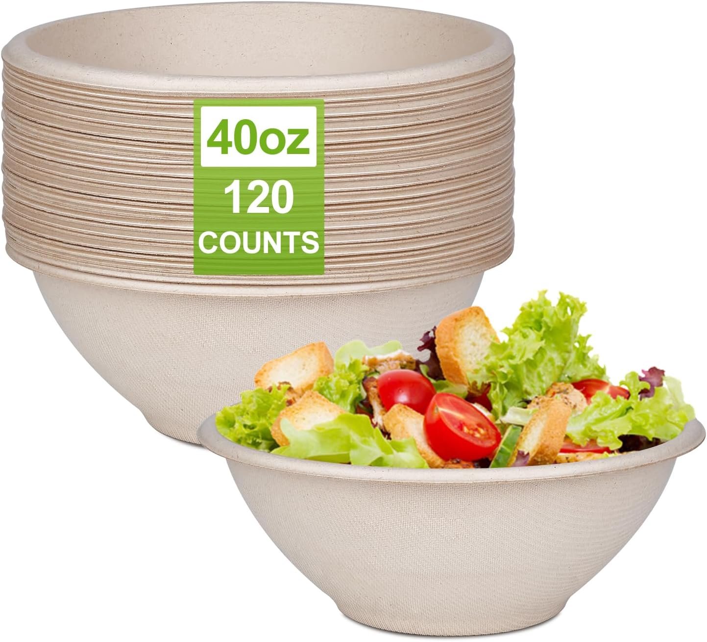 JOLLWEI Large Paper Bowls, 40oz Compostable Bowls, 120 Pack Heavy Duty Disposable Bowls For Hot Soup, Salads,Cereals- Made from 100% Sugarcane Fiber