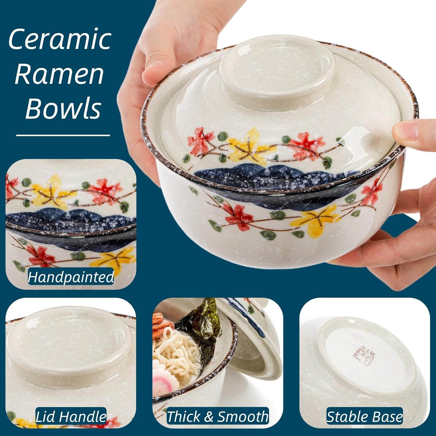 Wholesale 2 Pieces 25 Oz Ceramic Ramen Bowls with Lids Spoons Chopsticks Hand-Painted Japanese Style Tableware for Noodles Salad Rice Microwave Dishwasher Safe Factory