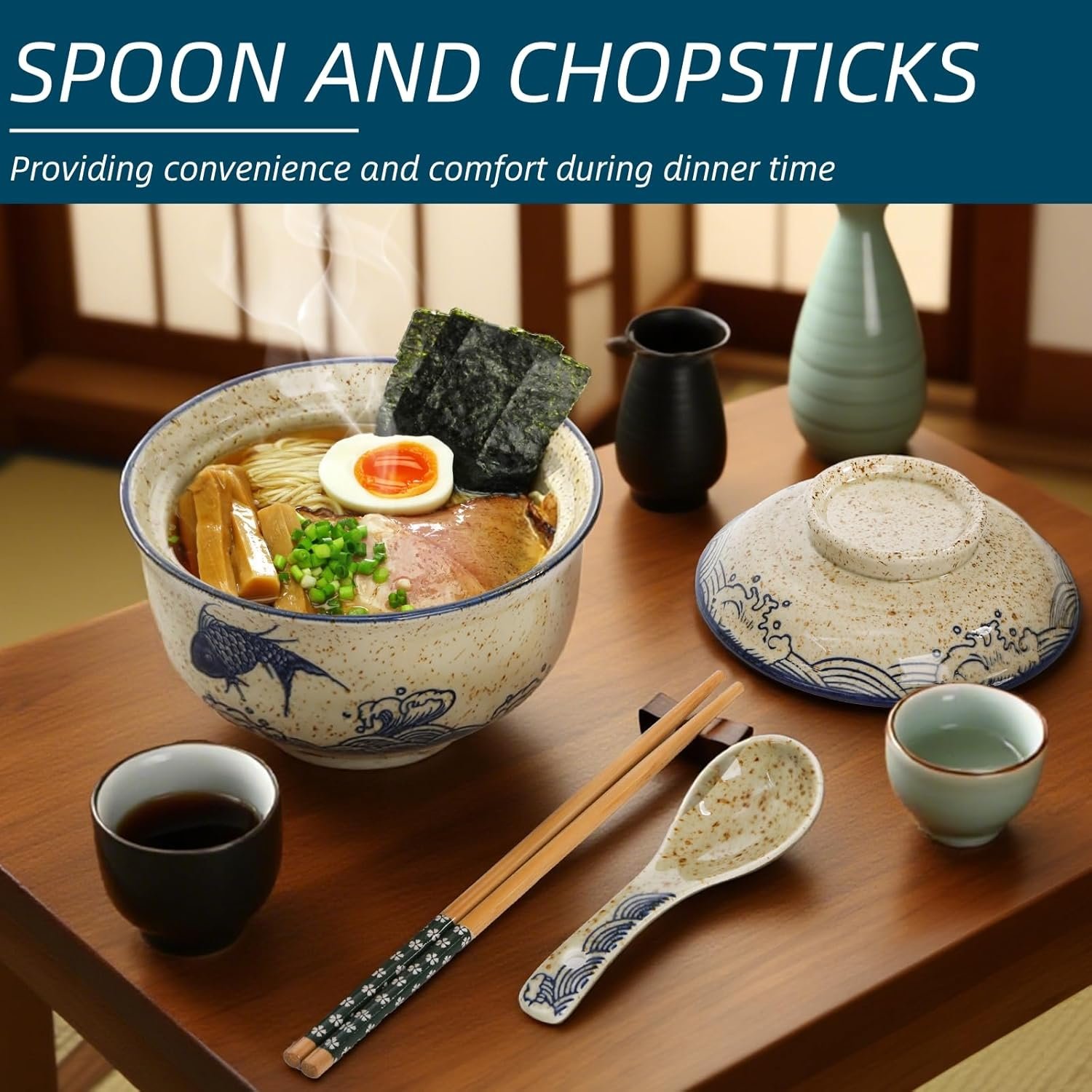 Wholesale 2 Pieces 25 Oz Ceramic Ramen Bowls with Lid Spoon Chopstick Hand-Painted Japanese Tableware for Noodles Salad Rice Microwave Dishwasher Safe Factory