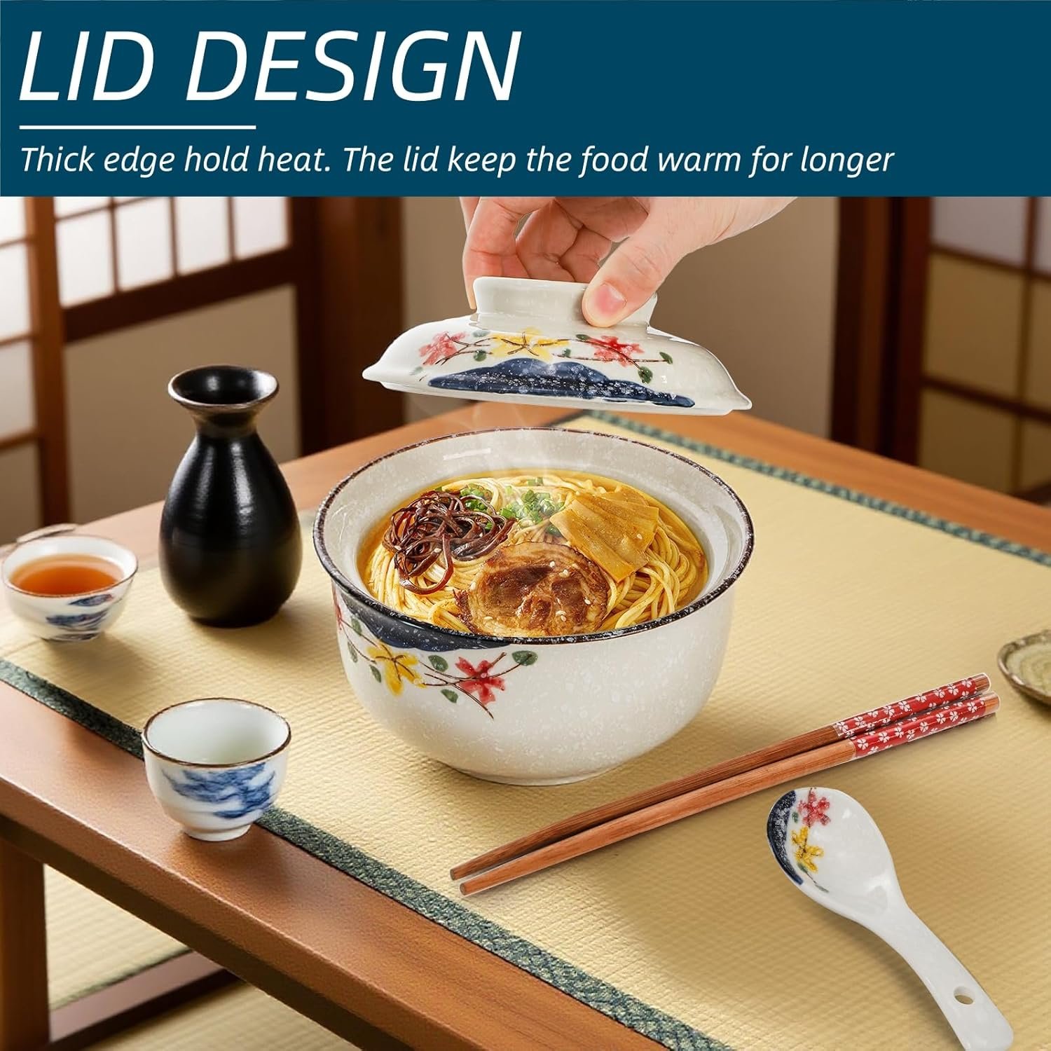 Wholesale 2 Pieces 25 Oz Ceramic Ramen Bowls with Lid Spoon Chopstick Hand-Painted Japanese Tableware for Noodles Salad Rice Microwave Dishwasher Safe Factory