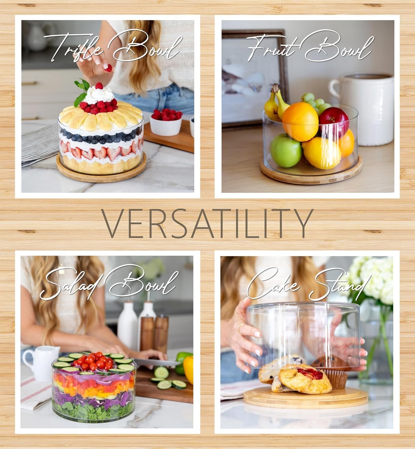 Wholesale XXL 10 Inch Clear Glass Salad Bowl with Bamboo Lid - Extra Large Mixing Serving Dish for Salads Desserts Fruit Punch - Airtight Dual Function Centerpiece Factory