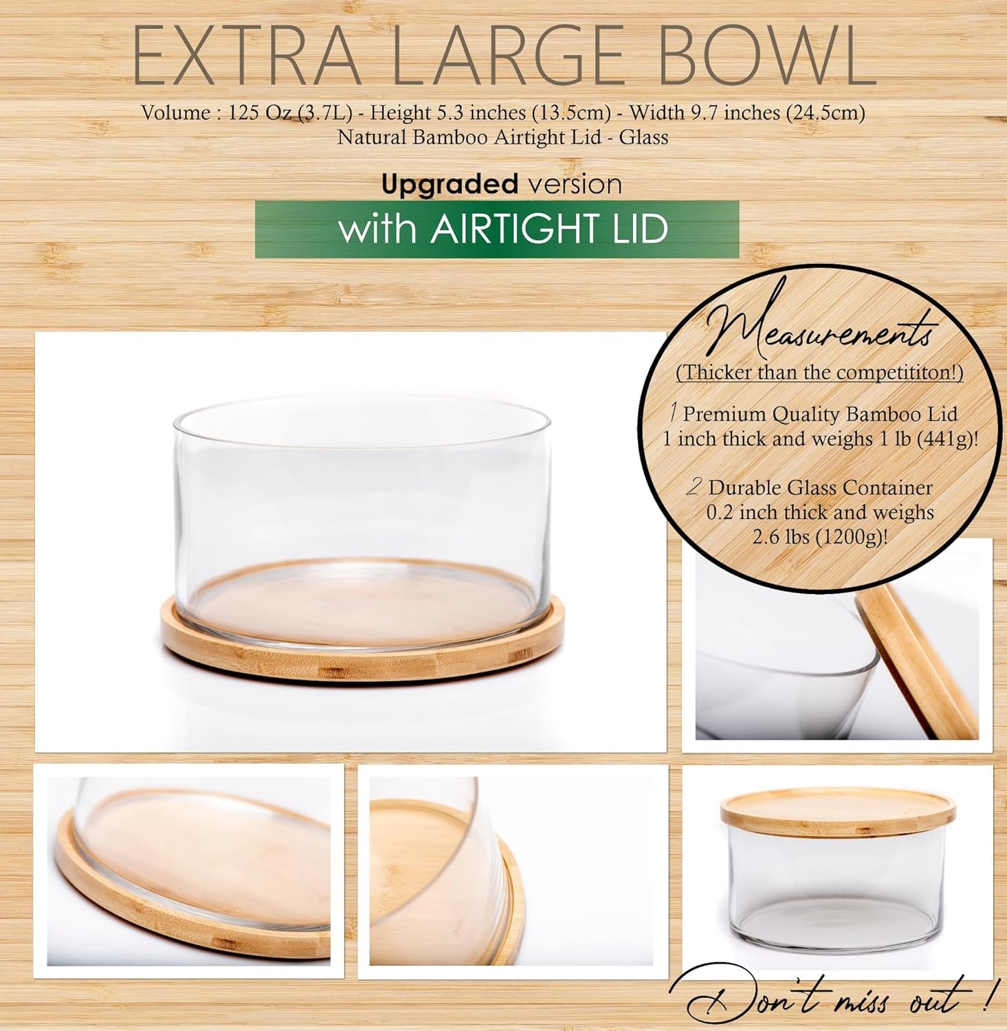 Wholesale XXL 10 Inch Clear Glass Salad Bowl with Bamboo Lid - Extra Large Mixing Serving Dish for Salads Desserts Fruit Punch - Airtight Dual Function Centerpiece Factory