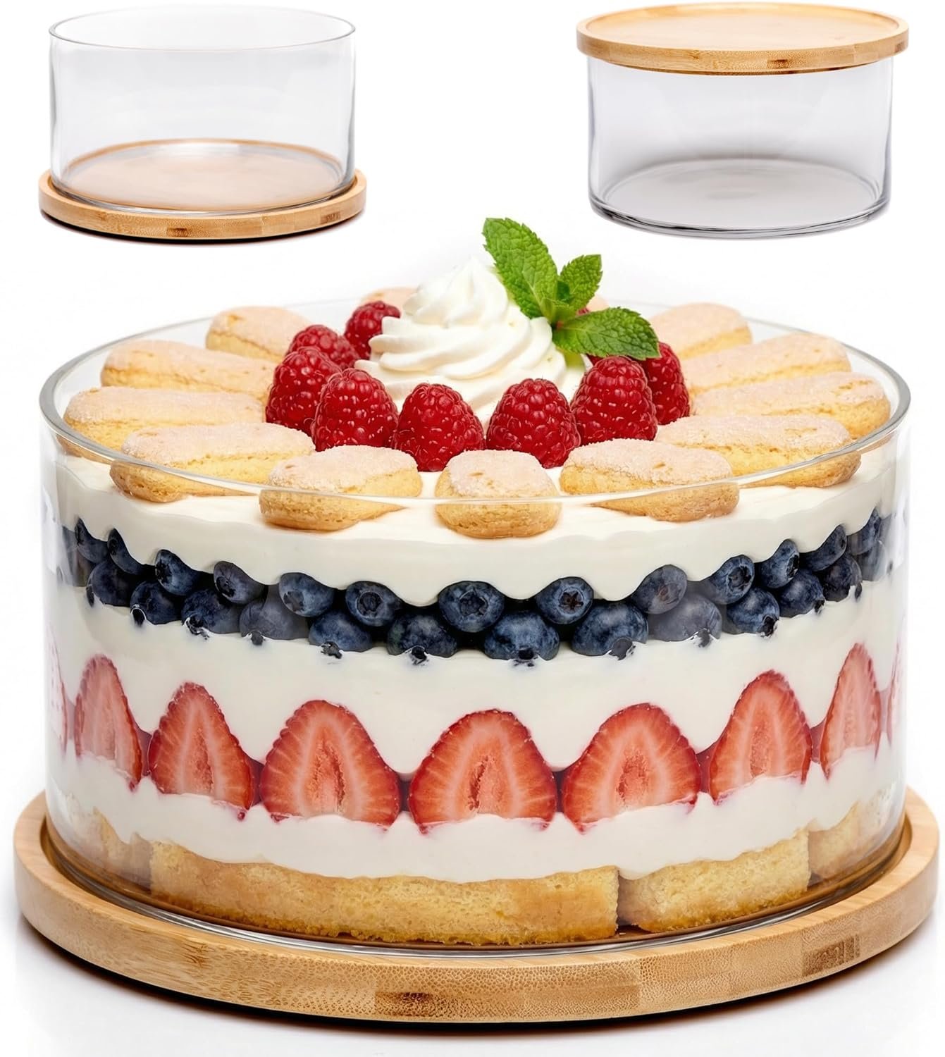 25DOL XXL Extra Large 10 inch Clear Glass Salad Bowl Dish【Hand Blown】 Dual Function Bamboo Lid - Mixing Bowl for Salads, Dessert, Fruit, Punch - Centerpiece Large Serving Bowls - Airtight Lid