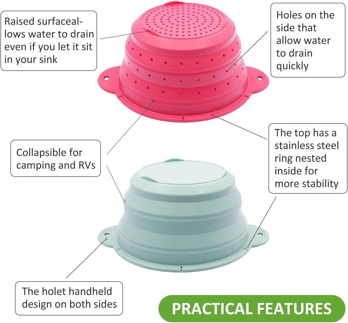 OEM Collapsible Silicone Colander Bowl Set BPA Free Heat Resistant Stainless Steel Nesting Portable Strainer Drain for Pasta Vegetables Fruits Kitchen Camping Hiking Factory