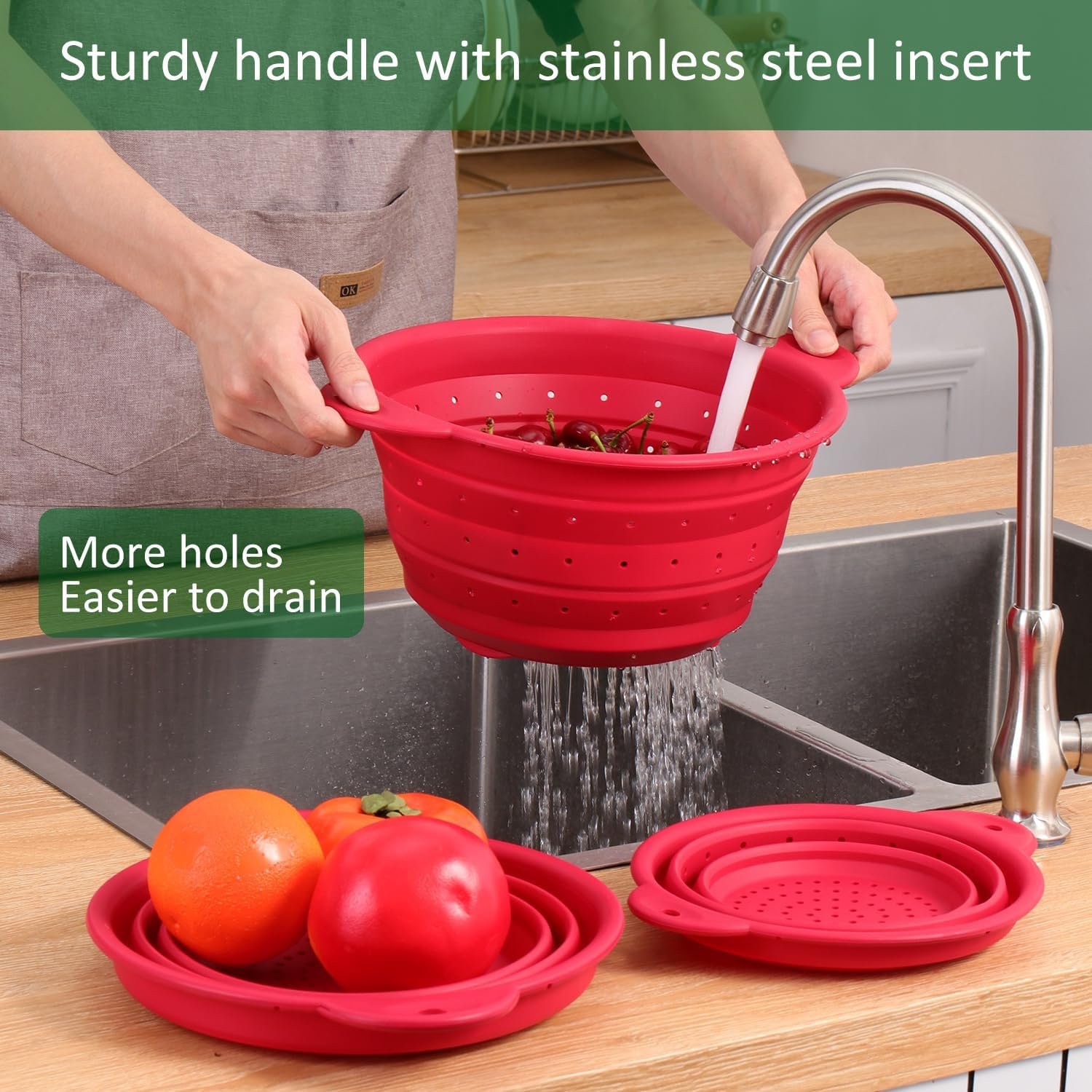 OEM Collapsible Silicone Colander Bowl Set BPA Free Heat Resistant Stainless Steel Nesting Portable Strainer Drain for Pasta Vegetables Fruits Kitchen Camping Hiking Factory