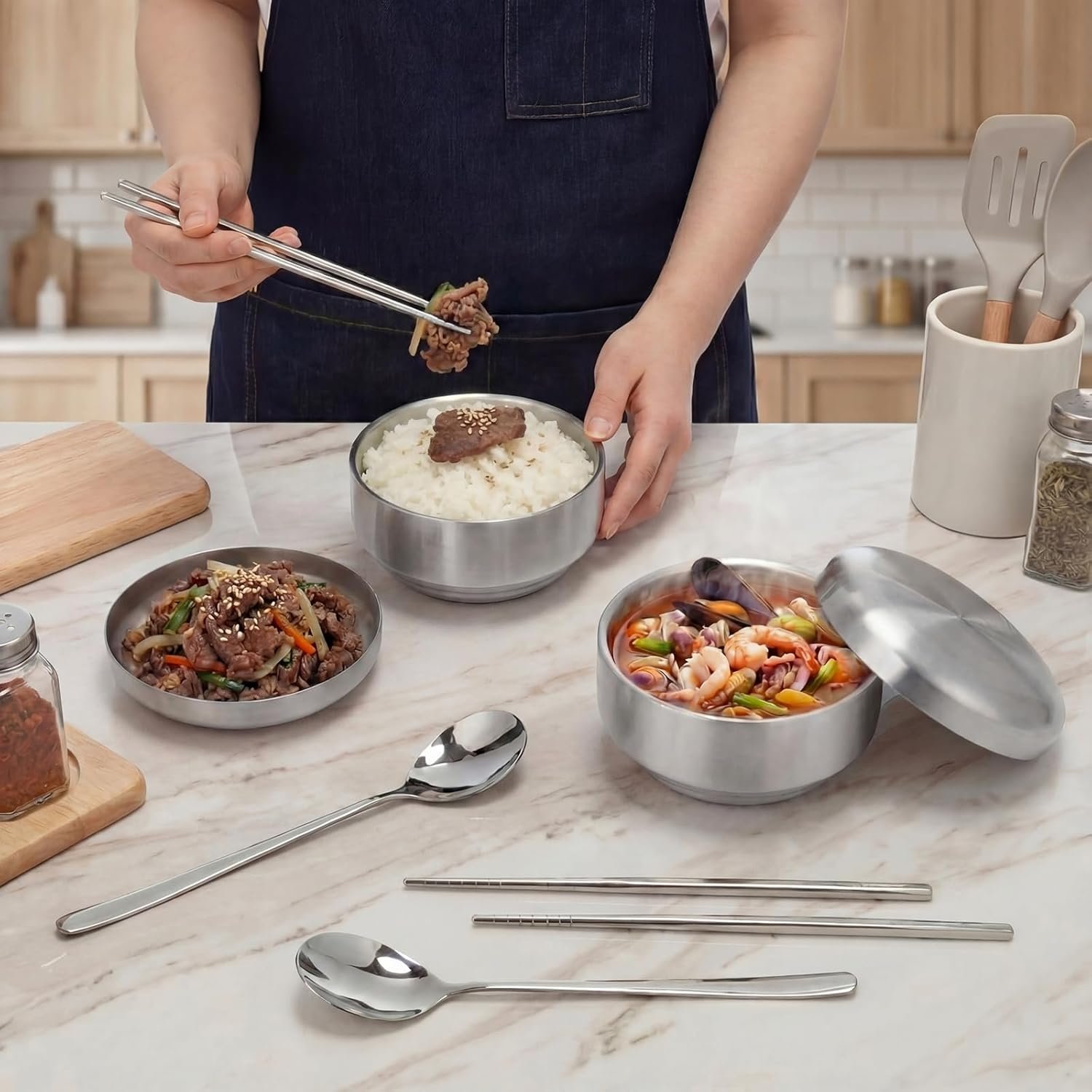 Wholesale 2 Sets 14 oz Stainless Steel Rice Bowls with Lids Korean Soup Bowls with Chopsticks and Spoon Reusable Insulated Serving Bowls for Home Kitchen Restaurant Factory Wholesale 2 Sets 14 oz Stainless Steel Rice Bowls with Lids Korean Soup Bowls with Chopsticks and Spoon Reusable Insulated Serving Bowls for Home Kitchen Restaurant Factory